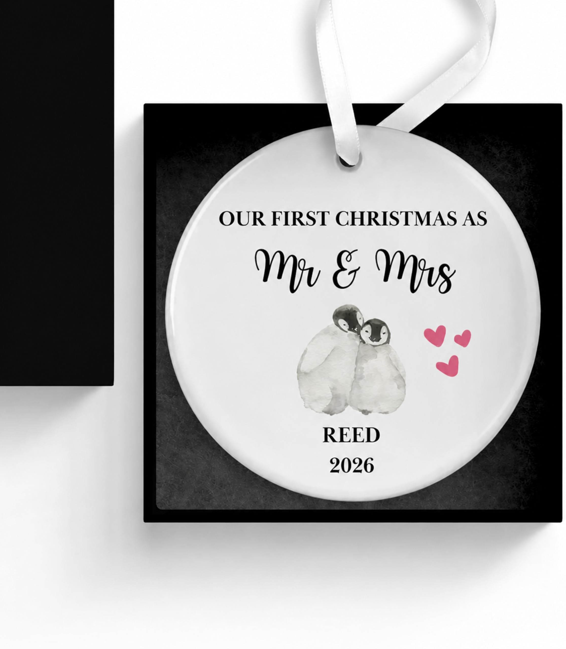 Uniquepgifts White First Christmas As Mr And Mrs Bauble, 1St Christmas Married Ornament, Personalised Newlywed Tree Decoration, Hanging Ceramic Ornament With Ribbon