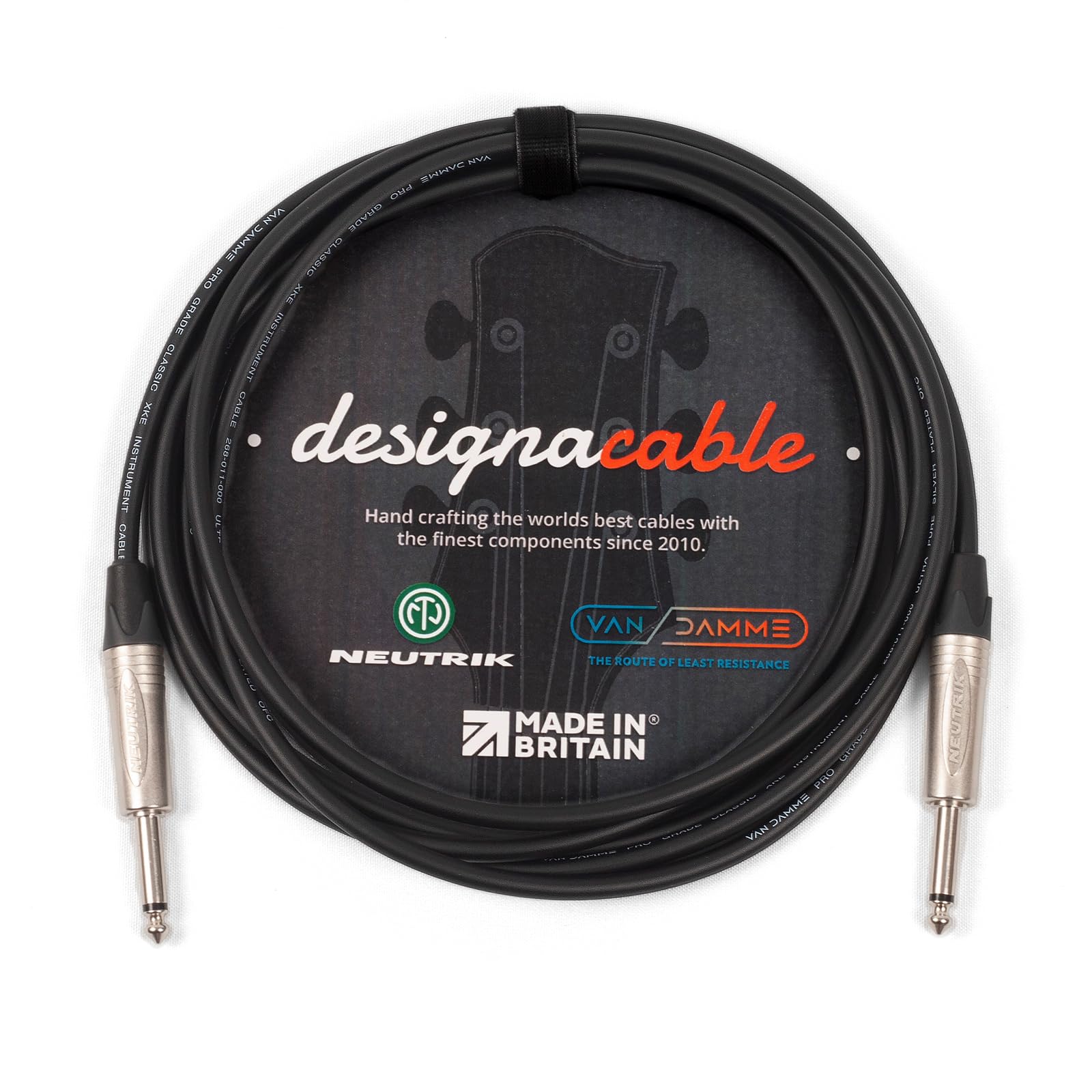 designacable.com 3m - Black Unbalanced Straight Jack Guitar Lead - Handmade in the UK using Van Damme XKE instrument cable & Neutrik NP2X 1/4" Mono Jacks.