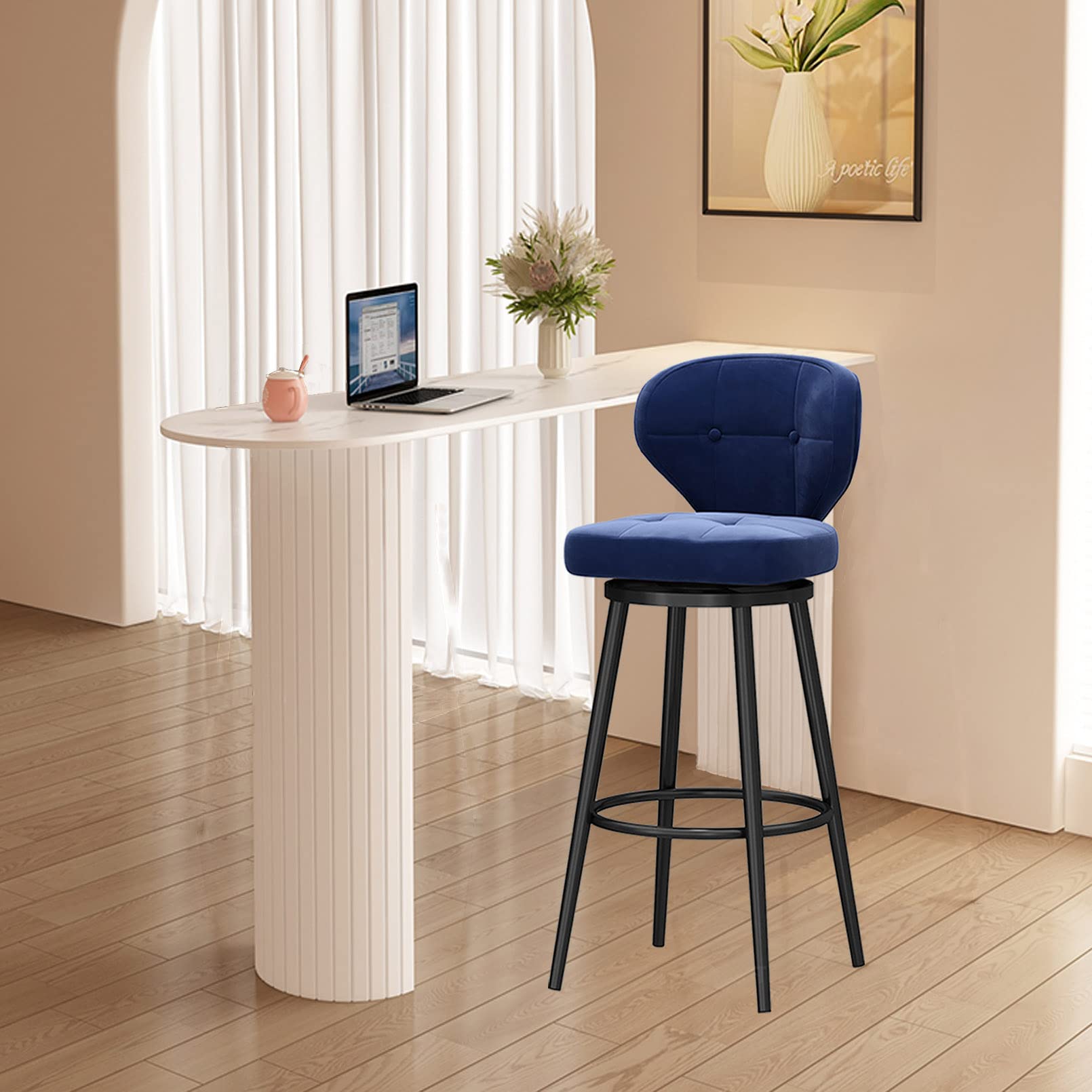 LUUYYI Set di 4 sgabelli da bar girevoli moderni in velluto rosa con schienale basso gambe in metallo nero, eleganti sedie da bancone per cucina, isola, casa, colazione, bar (blu, 2 pezzi)