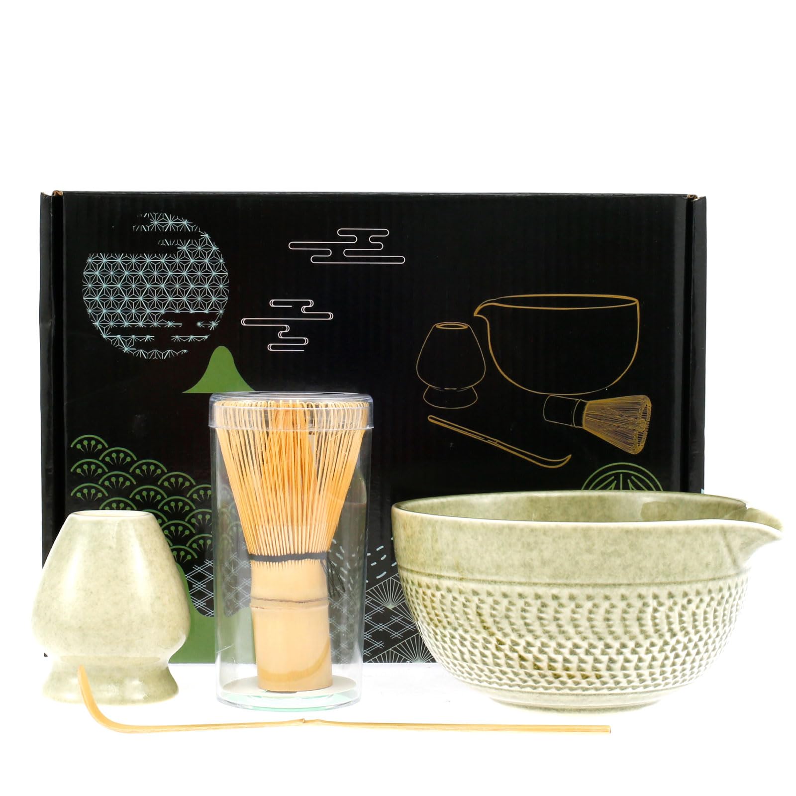 Matcha Whisk Set 16.9oz Ceramic Matcha Bowl with Spout Matcha Whisk Holder Bamboo Matcha Whisk Matcha Sifter Tea Scoop Tea Cloth Scoop Holde The Set to a Traditional Cup of Matcha.