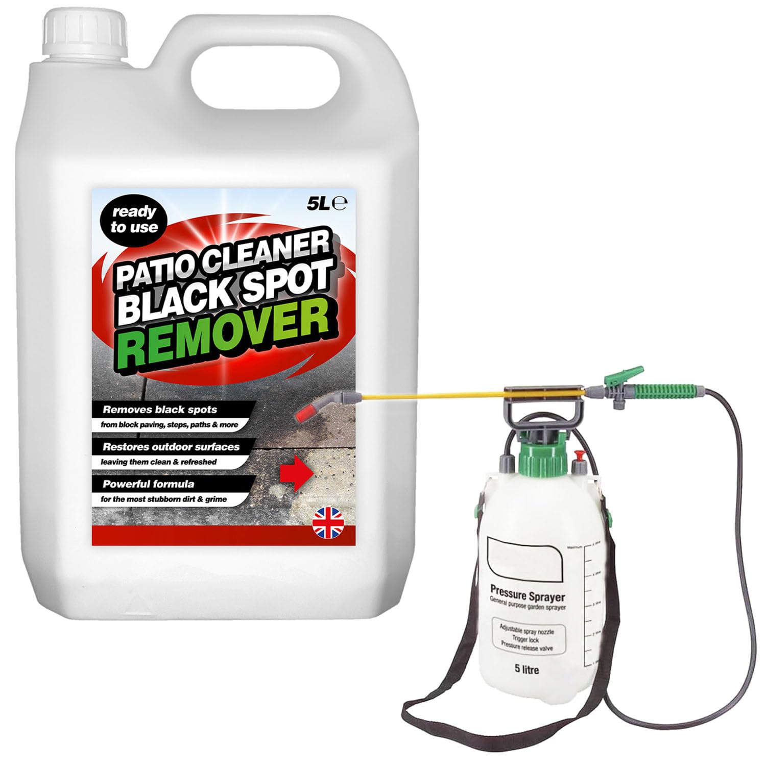 5L Pressure Sprayer & Black Spot Remover Ideal For Patio, Block Paving, Stone, Path & Driveways Powers Through Stubborn Dirt & Grime 5 Litres