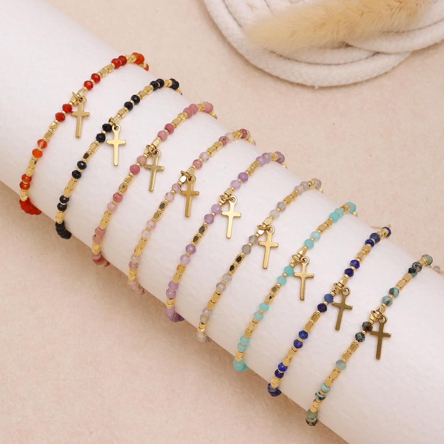 Gold Cross Charm Rainbow Natural Stone Beaded Stack Bracelets Christian Gift for Women, Golden Beads Stackable Strand Bracelet Fashion Jewelry - Image 6