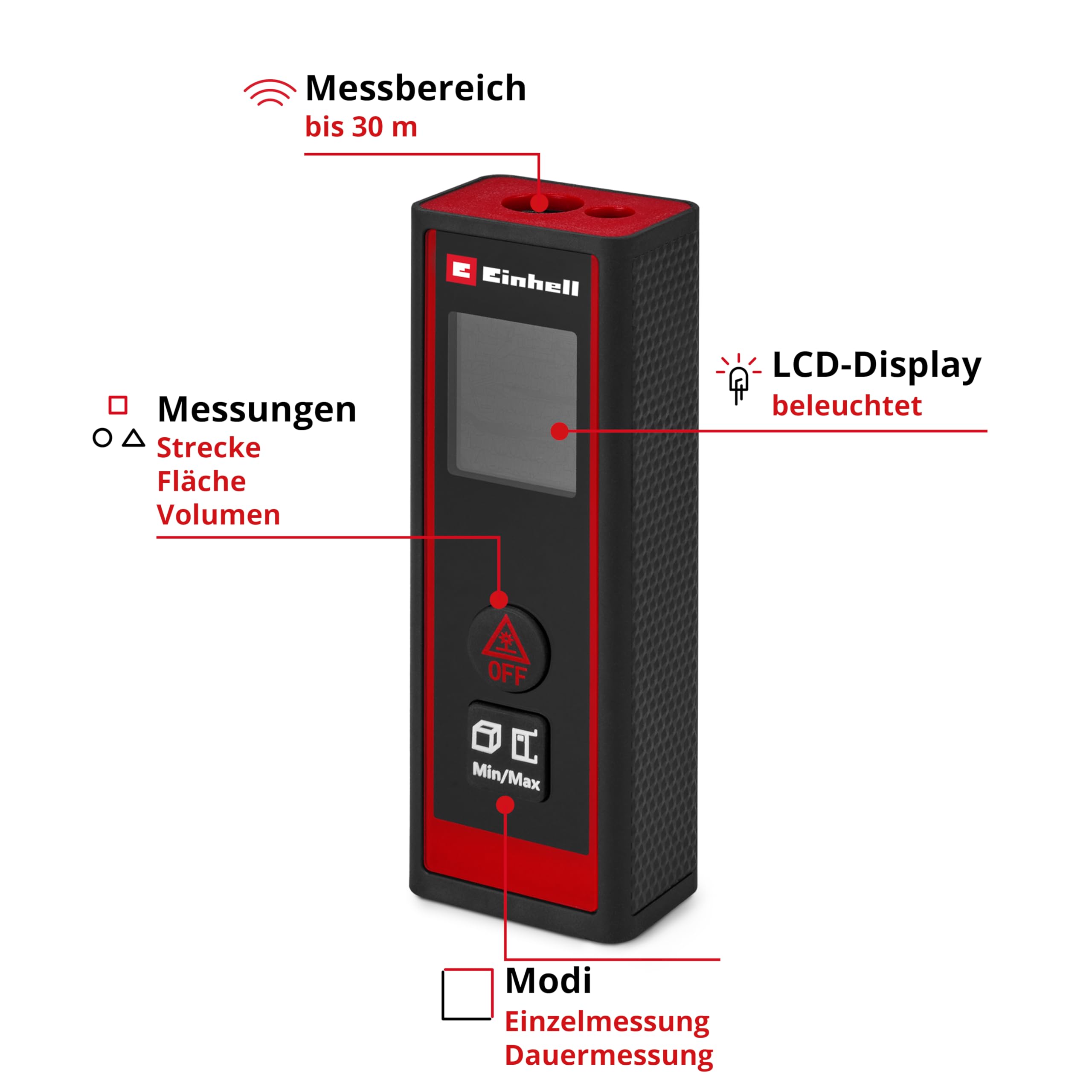 Einhell Laser Entfernungsmesser TC-LD 30 R (30 m max. Messbereich, Messmodi Distanz, Fläche, Volumen, Dauermessung, LCD-Display, Abschaltautomatik, ohne Batterien)