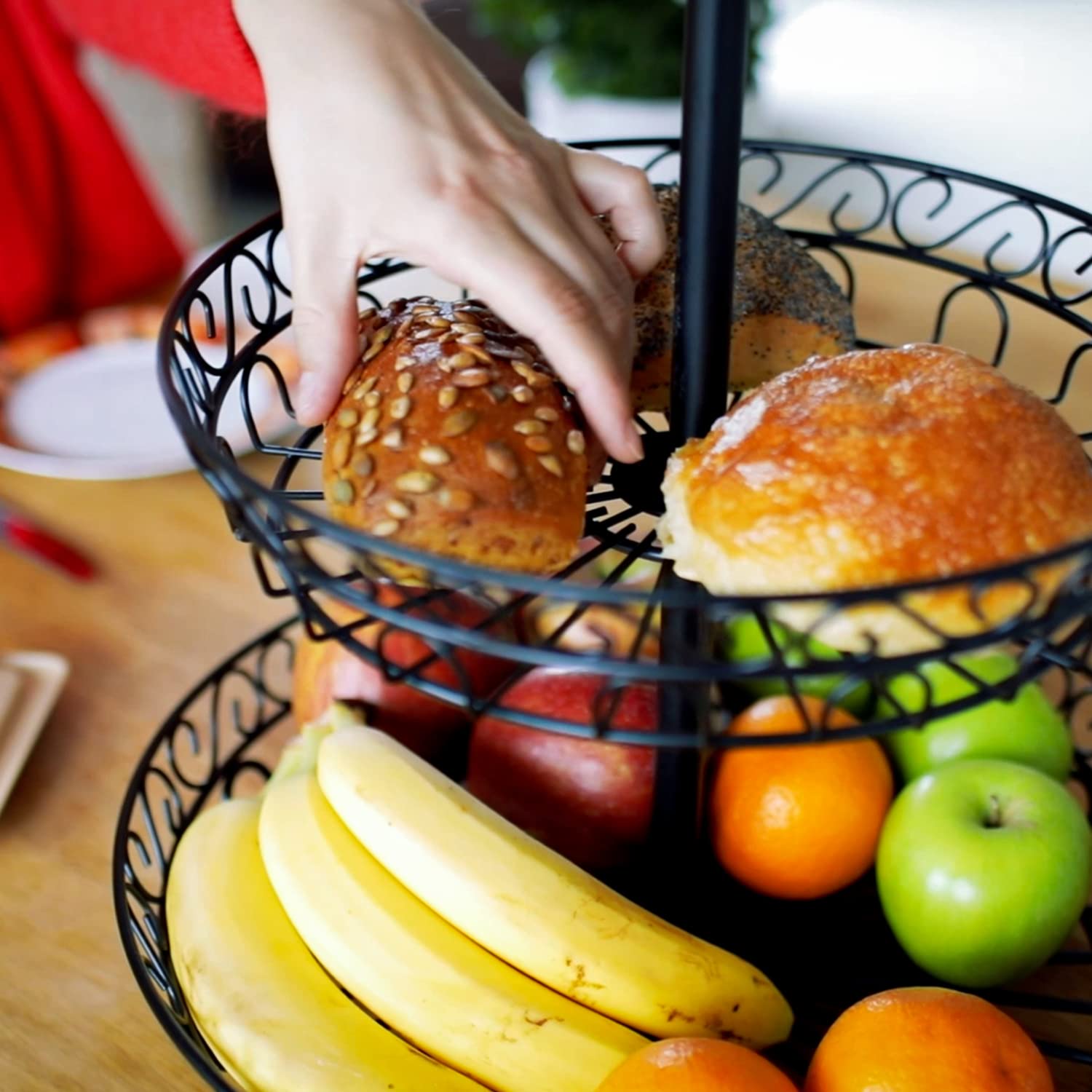 Corbeille De Fruits Suspendue 130CM Avec Crochet Plafond - Etagère Cuisine Noire Pour Gain De Place