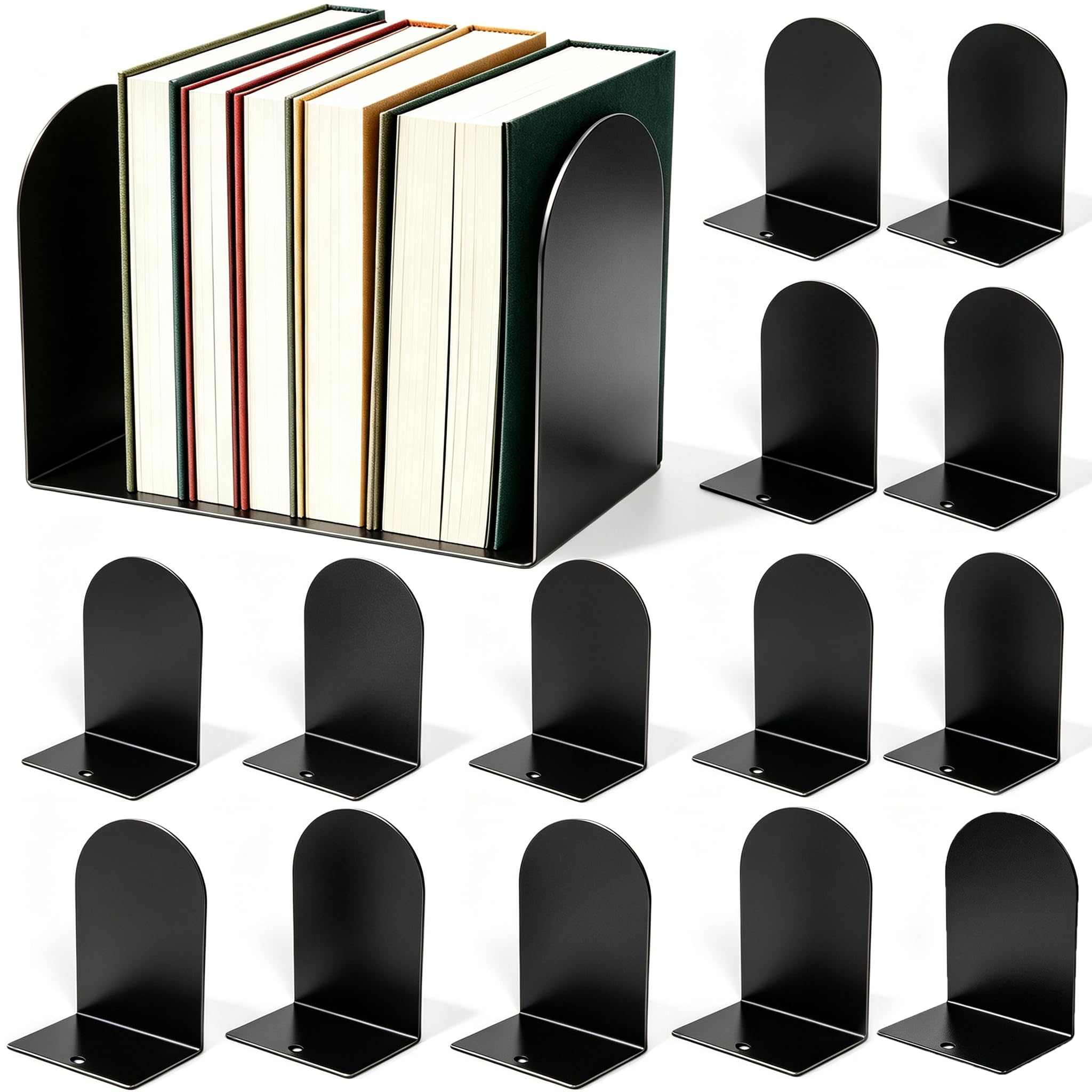 Lulonpon 2pcs Book Ends, Black Bookends, Non-Skid Book End, Metal Bookends for School Library and Desktop Organizer, Acrylic Book Ends for Book Shelves (16, Black)