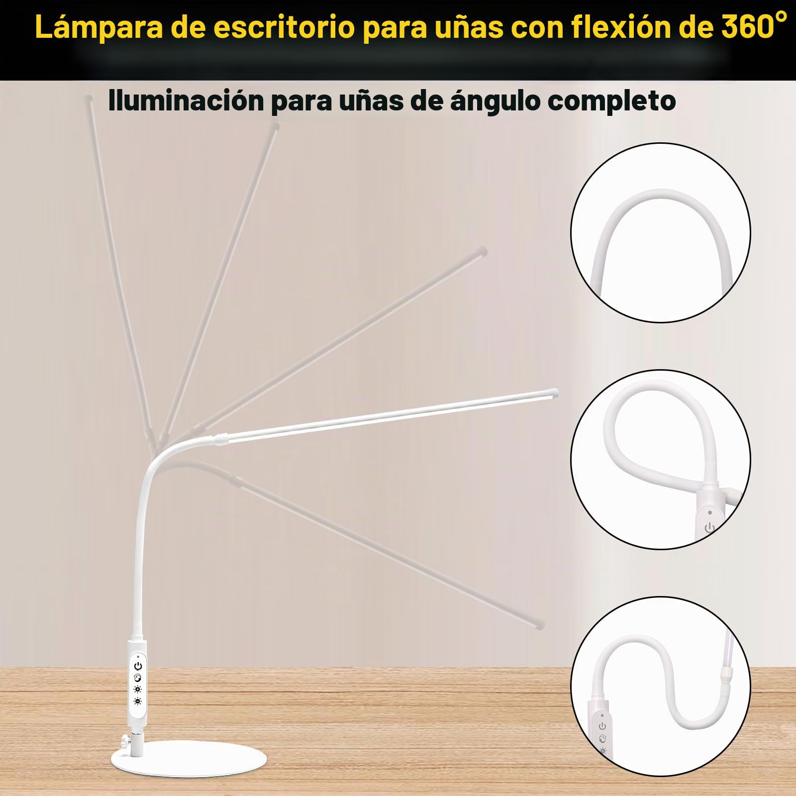 CGBE 60cm Lámpara para Mesa de Manicura LED 18W para Técnico de Uñas Blanco | 3 Modos y 5 Brillos Flexo de Escritorio de Uñas, Control Táctil, Luz Protector de Ojos para Manicura Lectura Estudio Trabajo