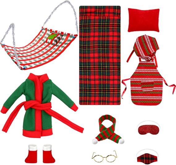 Elf Accessories Cute Mini Christmas Elf Kit with Sleeping Bag, Bathrobe, Glasses, Shawl, Hammock Doll Accessories for Doll Decorations Clothes
