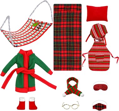 Elf Accessories Cute Mini Christmas Elf Kit with Sleeping Bag, Bathrobe, Glasses, Shawl, Hammock Doll Accessories for Doll Decorations Clothes