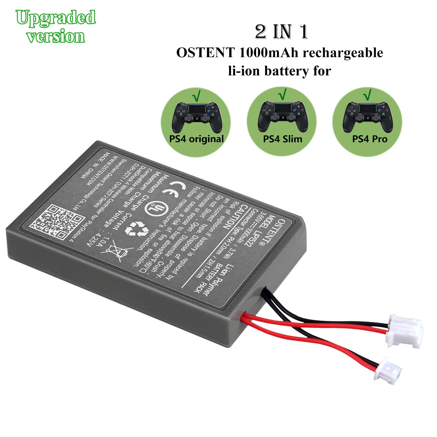 OSTENT 1000mAh 3.65V 3.7Wh Recargable Li-Ion Batería de Repuesto para Sony PS4 Original/Pro/Slim CUH-ZCT1 CUH-ZCT2 Serie Bluetooth inalámbrico Dual Shock Controller Viejo Nueva Versión