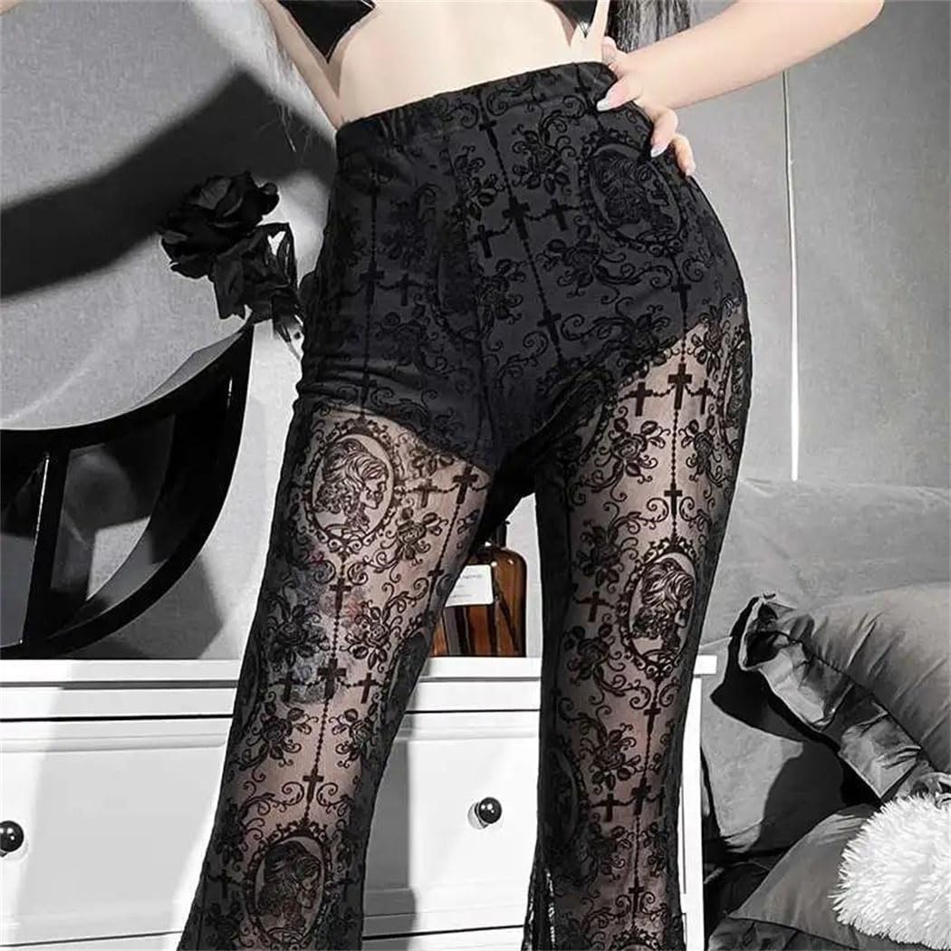 Women Lace Mesh Sexy Bell Bottom Pants Transparent Dance Costume for Party Performance