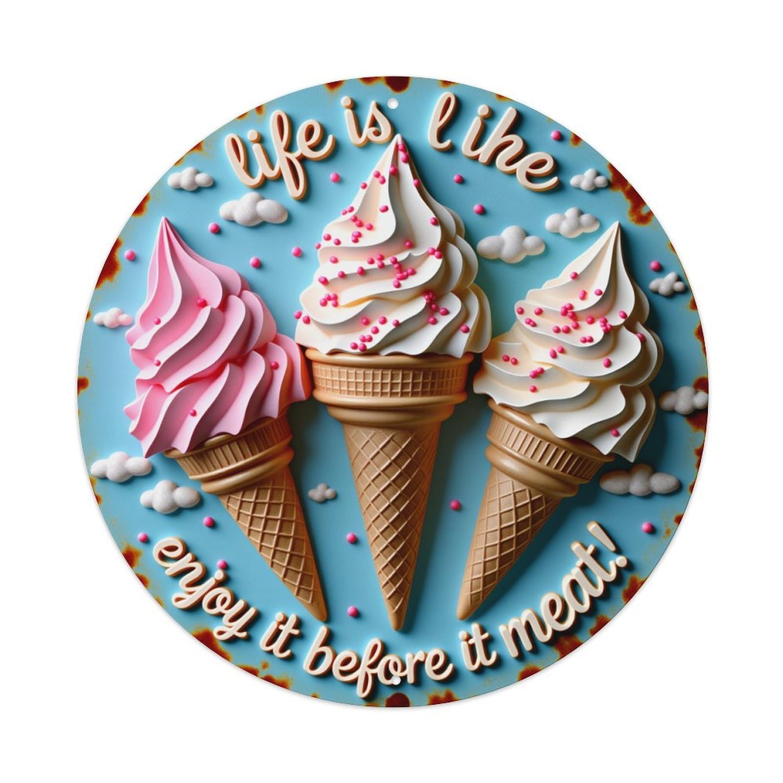 Wmlzdnwr Vintage Ice Cream Cones With Sprinkles And Clouds Round Tin Sign,Retro Wall Art,Metal Poster For Home, Bar, Garage, Cafe, Rustic Indoor & Outdoor Decor, 8X8 Inches