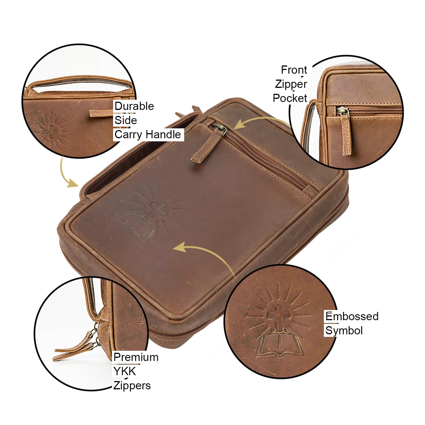 Sovereign-Gear Funda grande de cuero para la Biblia con cruz, piel de búfalo auténtica para hombres y mujeres, con asa, cremallera, bolsillos, bolsa de iglesia más marcapáginas y soporte compatible