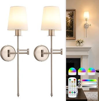Battery Operated Wall Sconces Set of 2, Brushed Nickel Wireless Rechargeable Dimmable Wall Lights with 9 RGB Colors, Swing Arm Wall Lamp with Remote Timer for Bedroom Living Room