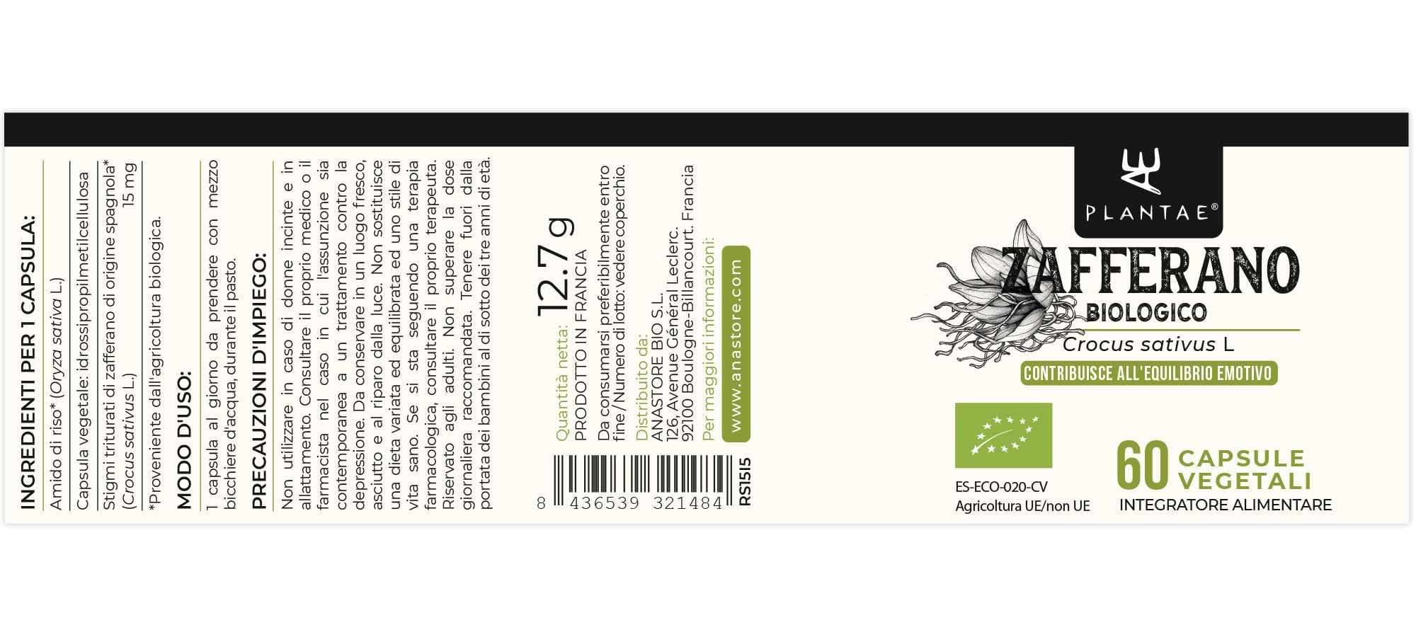 ZAFFERANO BIO * L'Oro Rosso * Della provincia di Teruel (Spagna) * Contribuisce all'equilibrio emotivo * 60capsule / 15mg*
