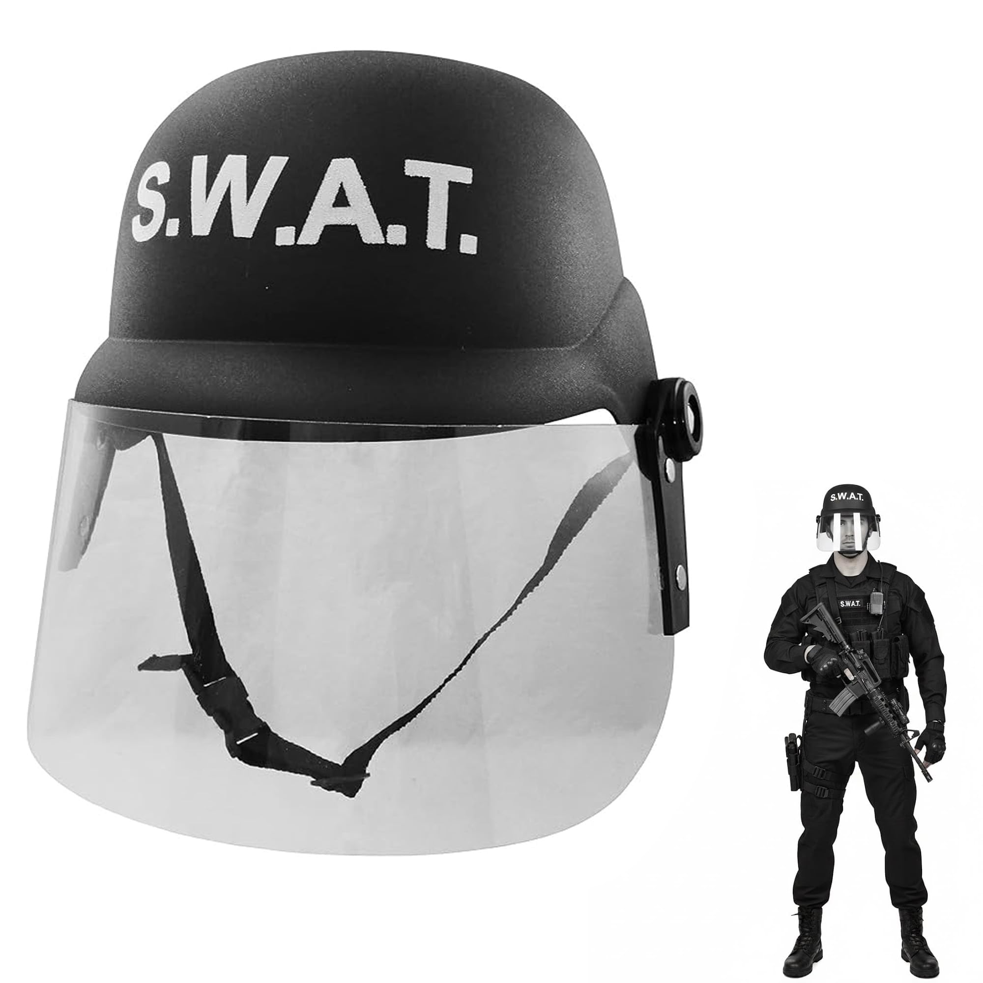 S.W.A.T. Team Costume Helmet with Flip-Up Clear Visor Black Tactical Cosplay Police Hat for Halloween Theater Pretend Play Adult One Size for Men Women Teens
