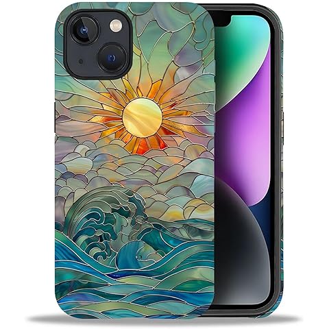 DAIZAG Compatible with iPhone 14 iPhone 13 Case,Sun Rays Ocean Waves Stained Glass Full Pattern Plastic Soft TPU Shockproof Protection Double Protection Corner Case