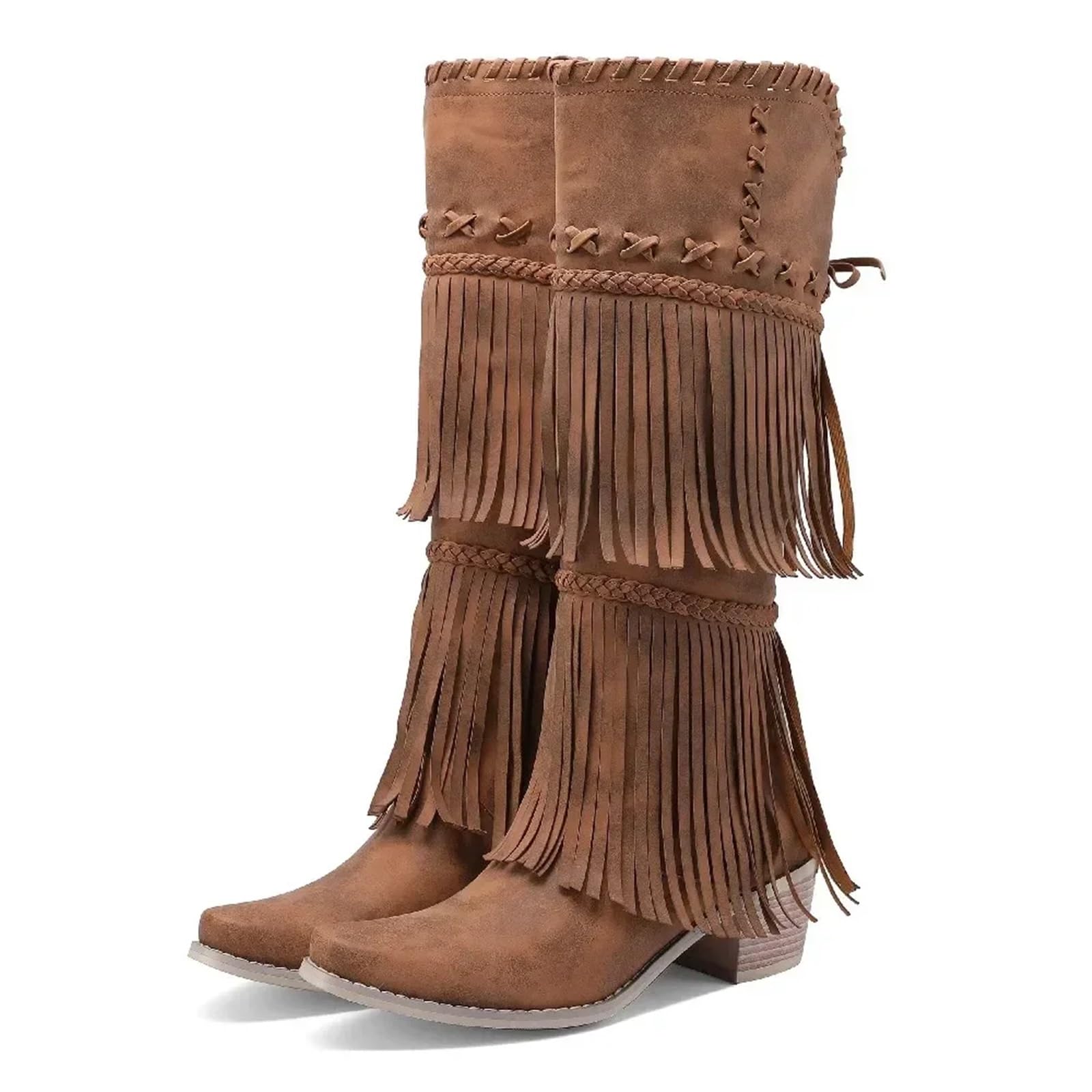 Stivali Texani Donna Stivali alti al ginocchio con frange da cowgirl occidentali donna nappa intrecciata rosa Punta a punta deformata Tacchi quadrati