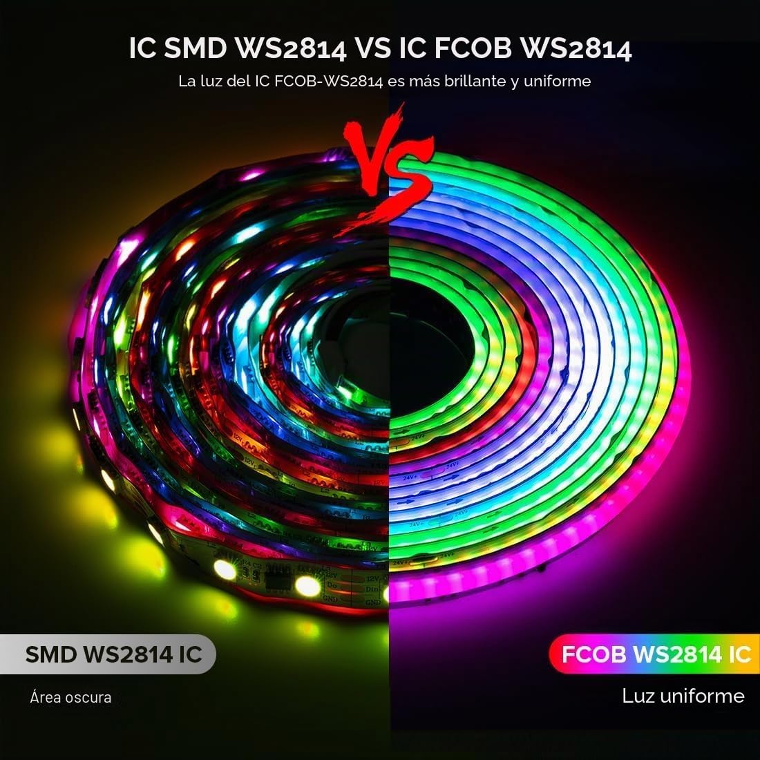 BTF-LIGHTING FCOB SPI RGBWW(3000K) Tira Flexible de Alta Densidad de Luz LED COB IC LED Tape 5M 896LEDs/m DC24V Blanco PCB IP30 NO Impermeable Color Chasing(Sin Controlador y Fuente de Alimentación) | Cinta LED flexible de alta densidad DC24V PCB IP30 no