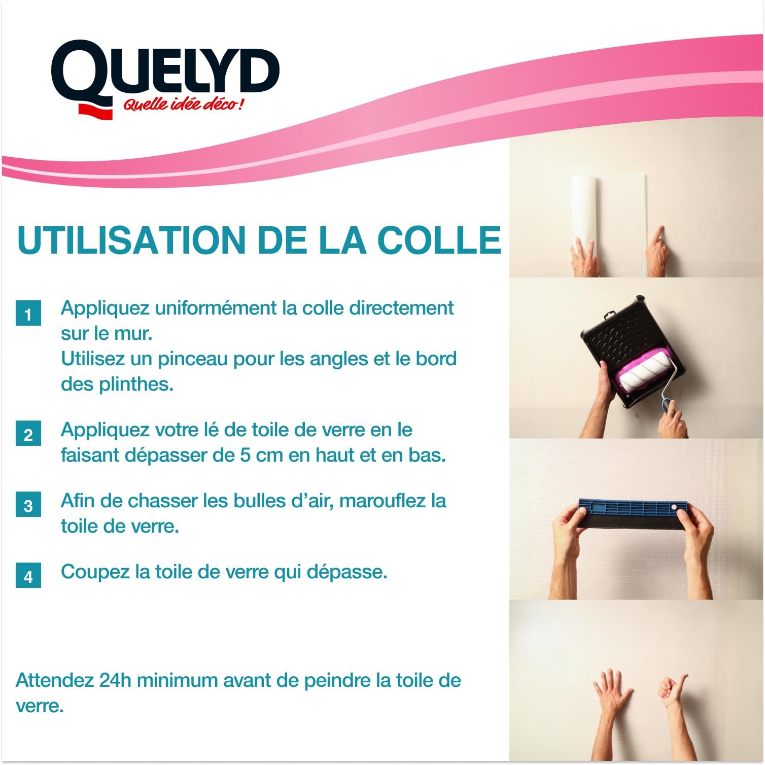 Quelyd Colle Toiles de Verre – Colle Avec Indicateur Coloré – Prête à l'Emploi – Tous Supports Muraux – Toutes Pièces dont Cuisines et Salles de Bain – Sans Solvant – Seau de 10kg (50m²)