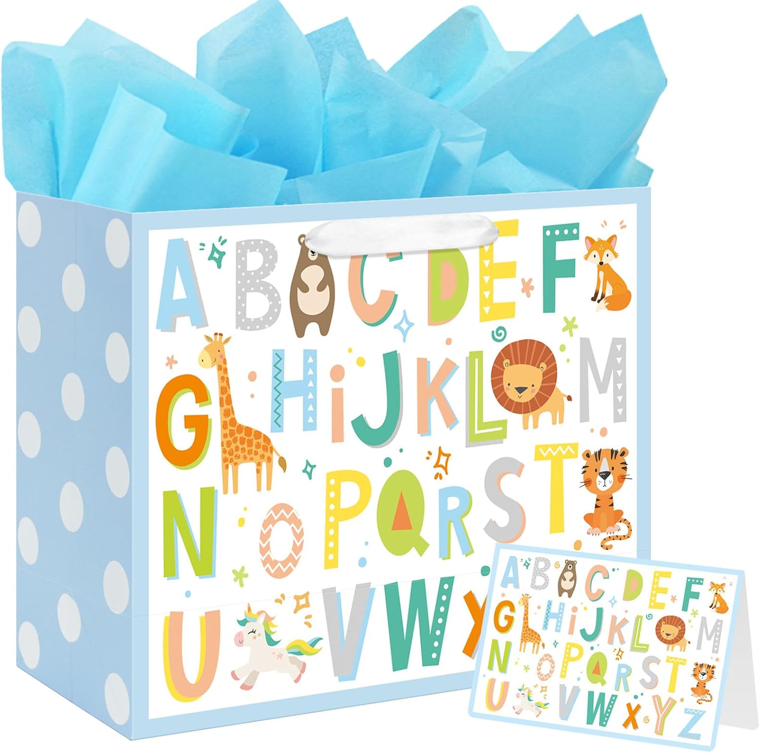 Laidans 13" Large Baby Boy Gift Bag for Baby Shower Birthday with Tissue Paper and Greeting Card (ABC Alphabet Animal Design)