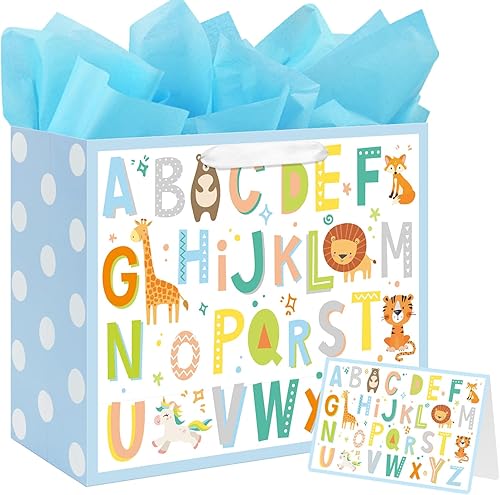 Miniatura 7 de Bolsa de regalo grande de 13 pulgadas para bebé con papel de seda y tarjeta de felicitación para baby shower, cumpleaños (animal del alfabeto ABC)