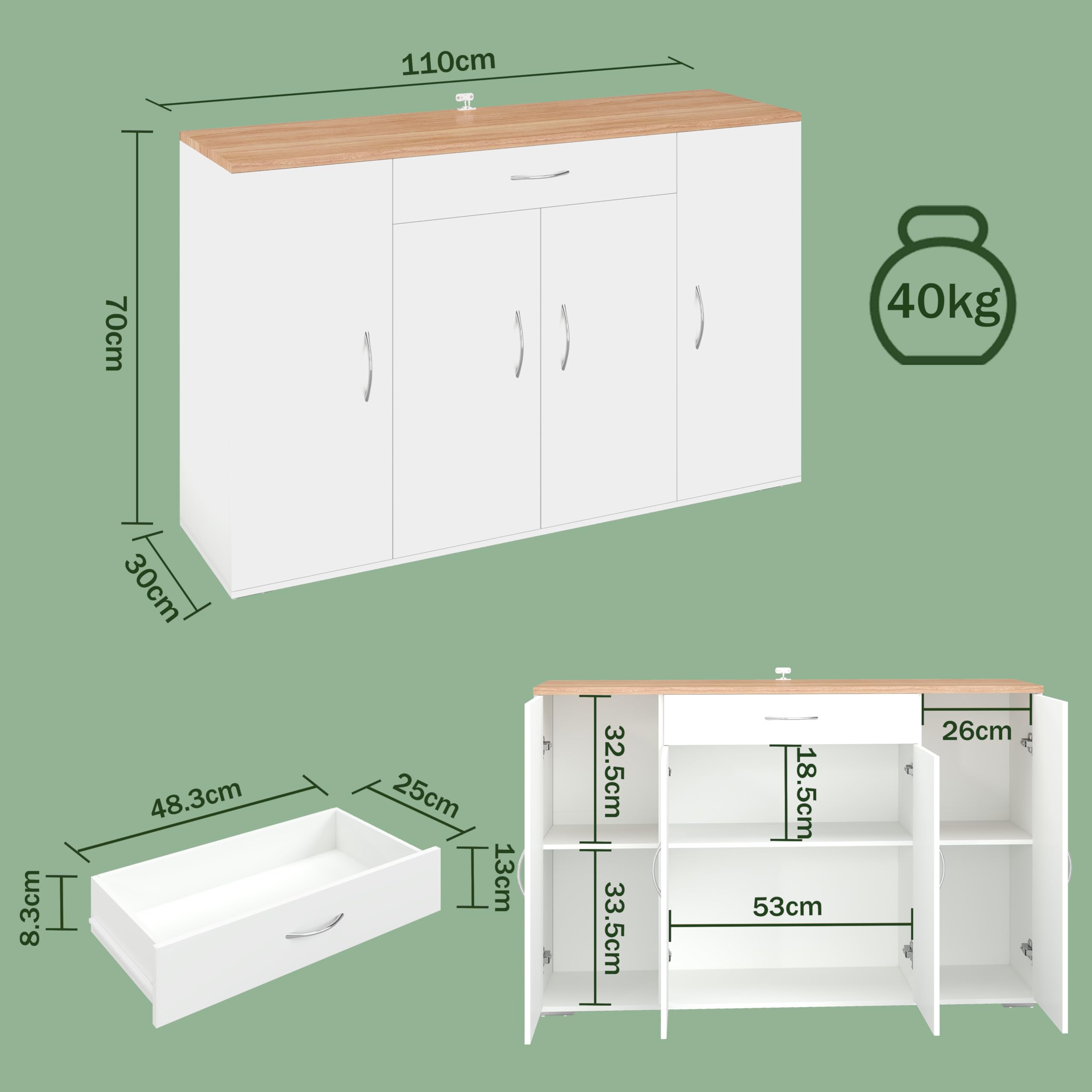 hitsuki Buffetschrank Sideboard Küche Weiß 110 x 30 x 70 cm Küchenschrank mit Arbeitsplatte Schublade und 4 Türen Küchenunterschrank 30 cm tief für Küche Esszimmer Wohnzimmer