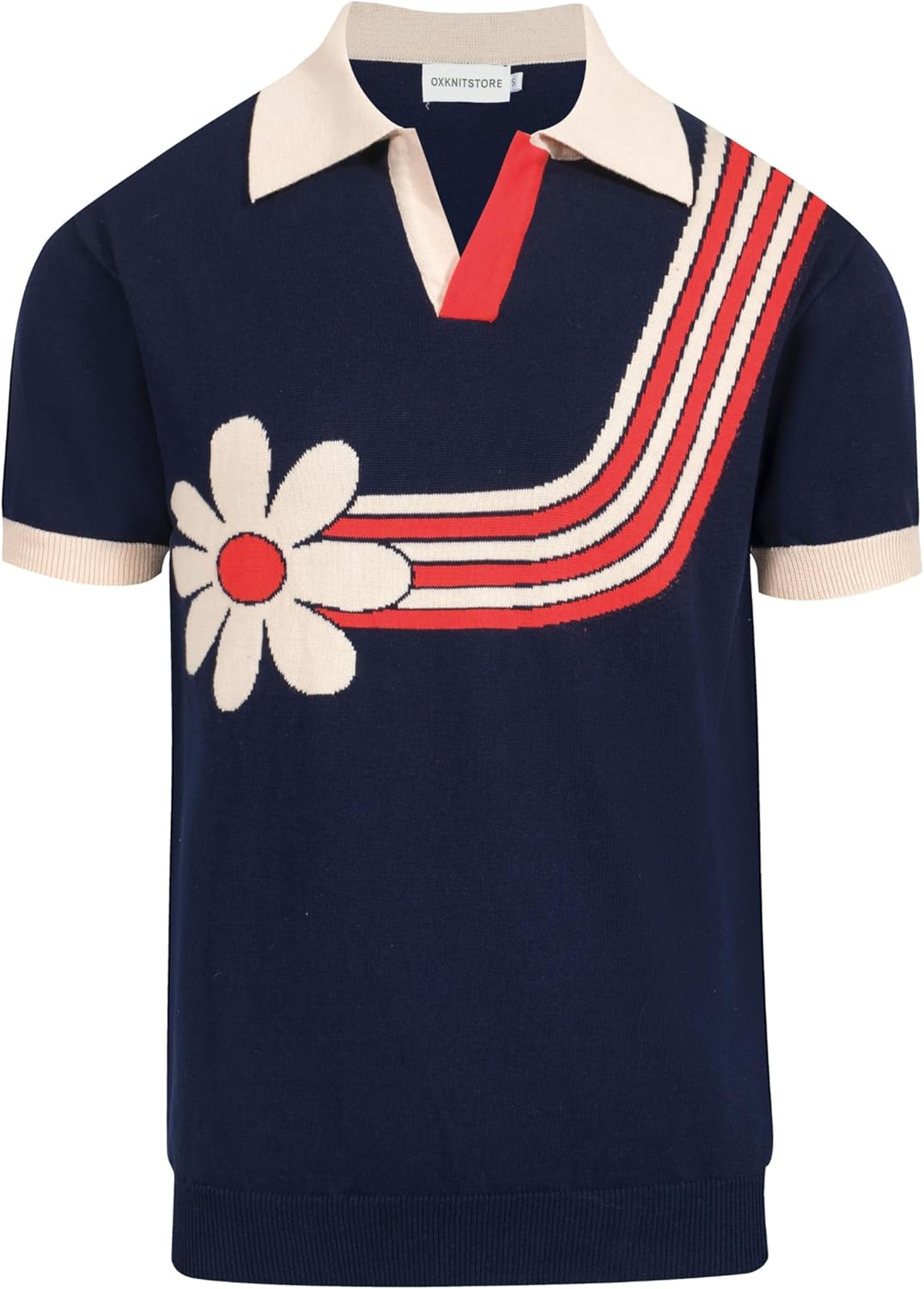 OXKNIT Mens V-Neck Polo Shirt Knitted Shirt Dark Blue Short Sleeve Golf Shirt with Flower Pattern