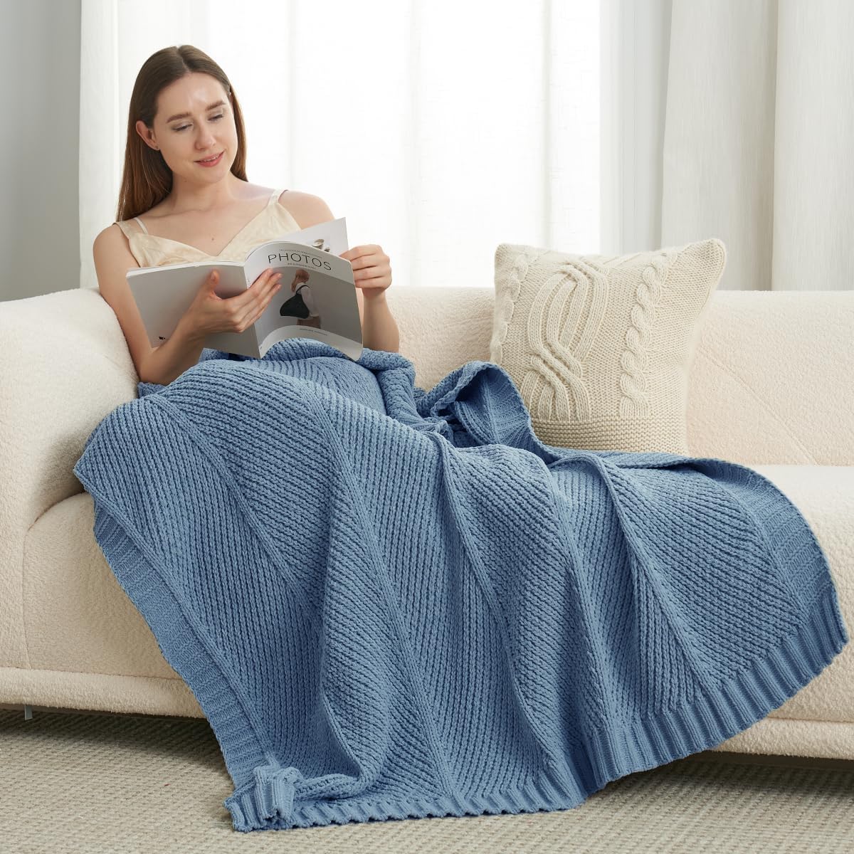 Amélie Home Knit Throw Blanket, Soft Chenille Cozy Breathable Chevron Chunky Decorative Blanket for Couch, Bed & Sofa, French-Inspired Lightweight Warm Gift for Women, Washed Blue, 50"x60"