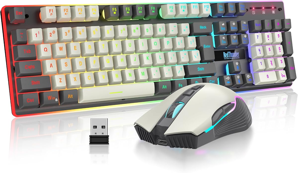 K10 Pro Wireless Gaming Keyboard and Mouse Combo, RGB Backlit Rechargeable 3800mAh Battery, Mechanical Feel Anti-ghosting Keyboard + 7D 3200DPI Mice for PC Gamer(White Gray)