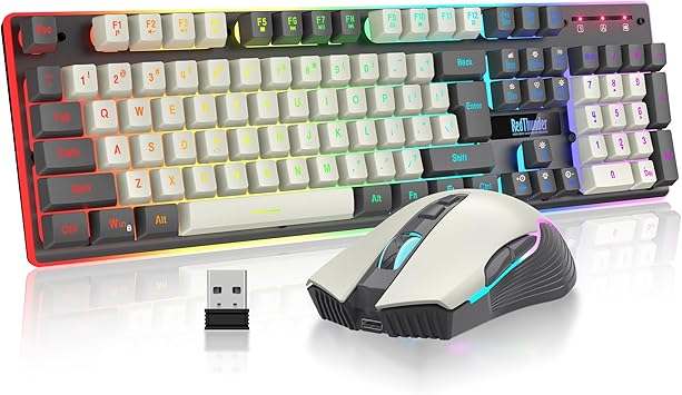 RedThunder K10 Pro Wireless Gaming Keyboard and Mouse Combo, RGB Backlit Rechargeable 3800mAh Battery, Mechanical Feel Anti-ghosting Keyboard + 7D 3200DPI Mice for PC GamerWhite Gray
