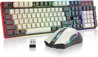 RedThunder K10 Pro Wireless Gaming Keyboard and Mouse Combo, RGB Backlit Rechargeable 3800mAh Battery, Mechanical Feel Anti-ghosting Keyboard + 7D 3200DPI Mice for PC Gamer(White Gray)