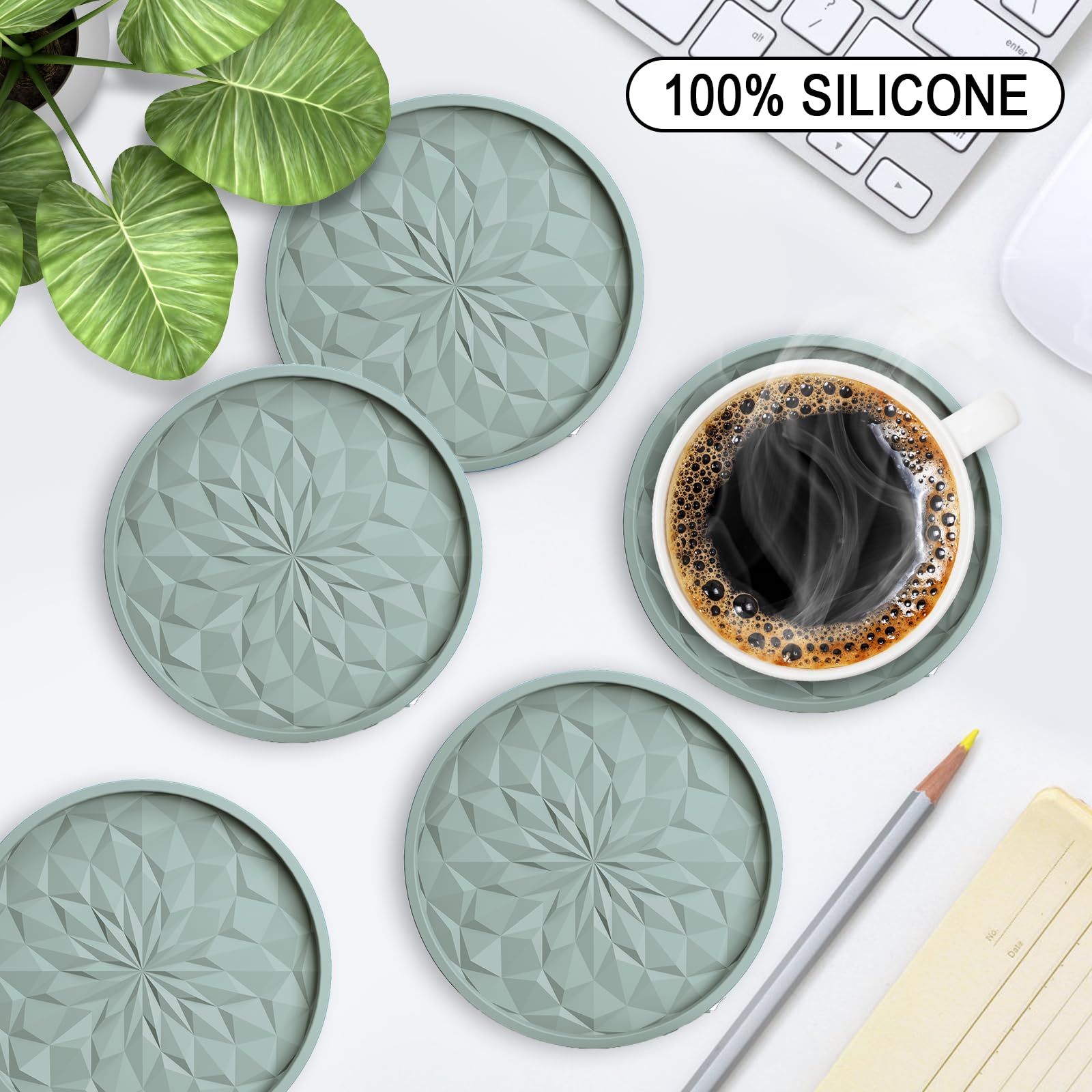 Posavasos de silicona con soporte, paquete de 6, antideslizantes, antiadherentes, salvia del desierto