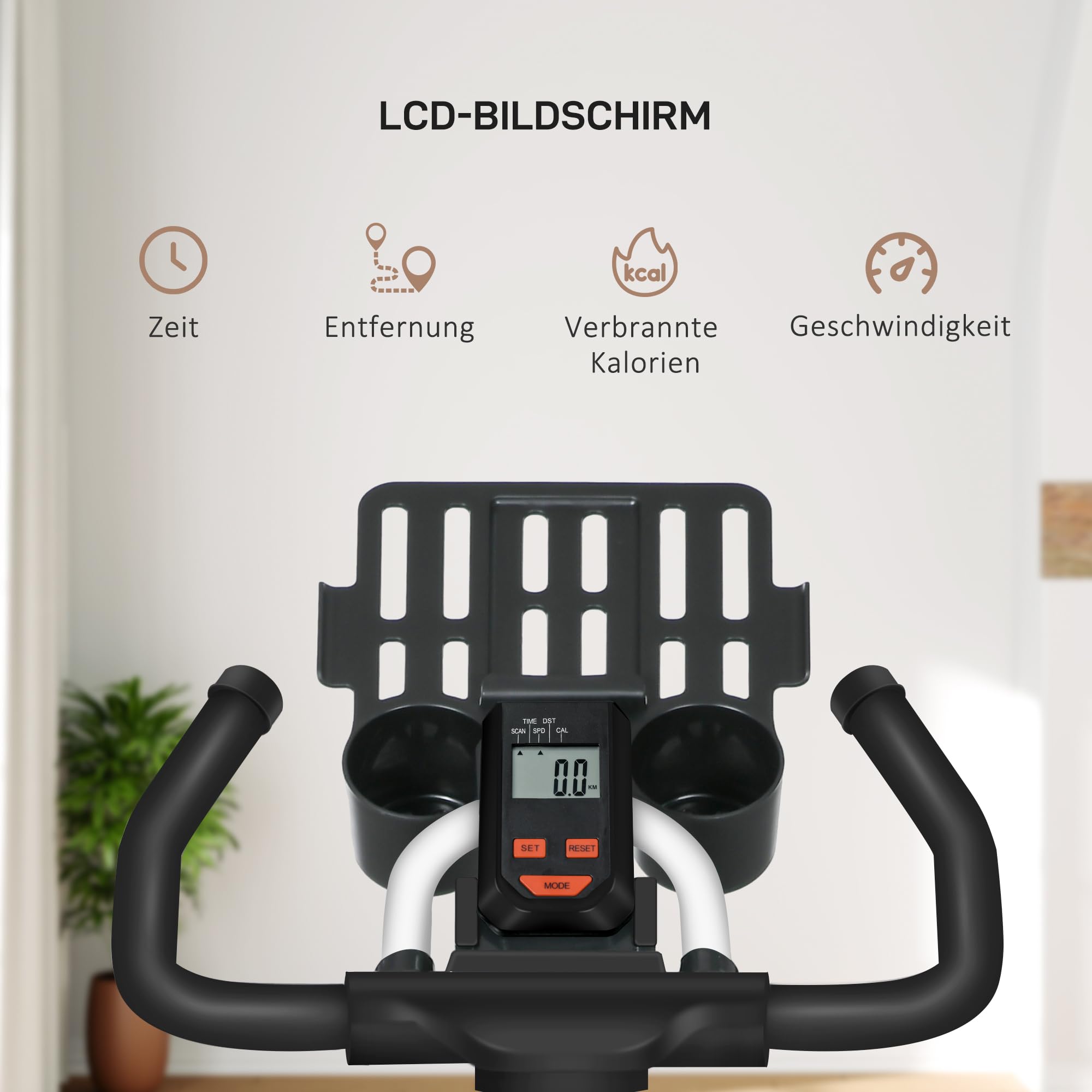 HOMCOM Heimtrainer Leiser Fahrrad Hometrainer Fahrrad mit LCD-Display, verstellbarem Sitz, Rollen, Indoor Fitnessbike mit Becherhalter für Zuhause, Stahl, weiß