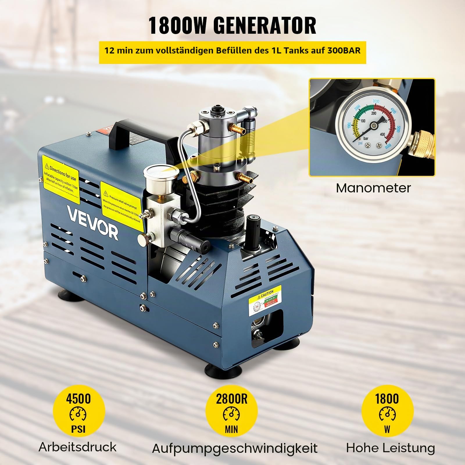 VEVOR Hochdruckkompressor, 300 Bar, Luftgewehrkompressor 1800 W, 220 V, automatischer Druckentlastung, geeignet für Paintball-Luftgewehre, PCP-Gewehre und Tauchflaschen