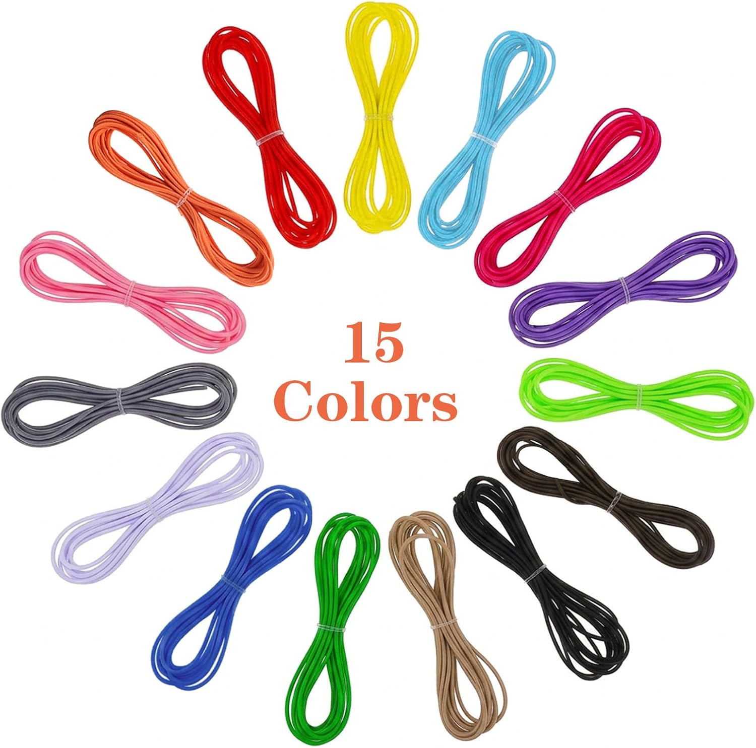 32 Yards Elastic Band Cord – 2mm Stretchy Strong Rubber String, 15 Assorted Colors (6.6ft Each), Multicolor Beading Thread for Bracelet, Jewelry Making, DIY Crafts, Sewing & Shoe Laces