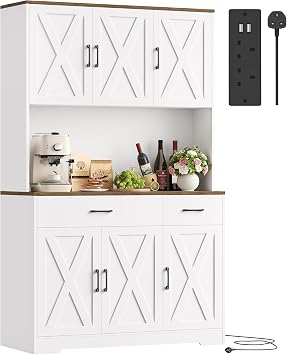 HOCSOK 180cm Tall Kitchen Cupboard with Charging Station & Microwave Stand | Adjustable Shelves, Pantry Cupboard for Kitchen, Dining Room, Living Room, Wooden Larder Cupboard, White 180H x 105W x 40D cm