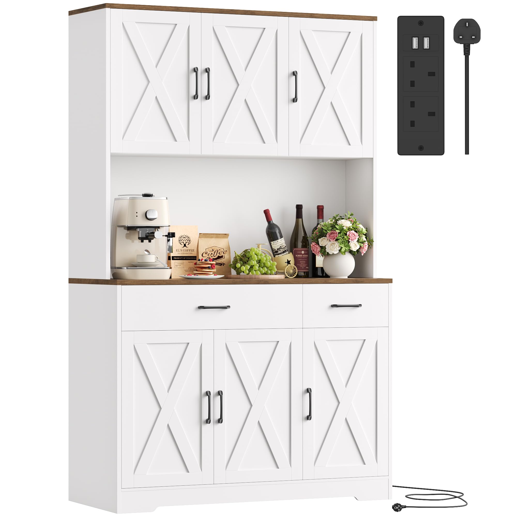HOCSOK Kitchen Cupboard, 180cm Tall Kitchen Cabinet with Charging Station, Pantry Cupboard with Microwave Stand, Adjustable Shelves, Sideboard Storage Cabinet for Living Room, White 180H x 105W x 40D