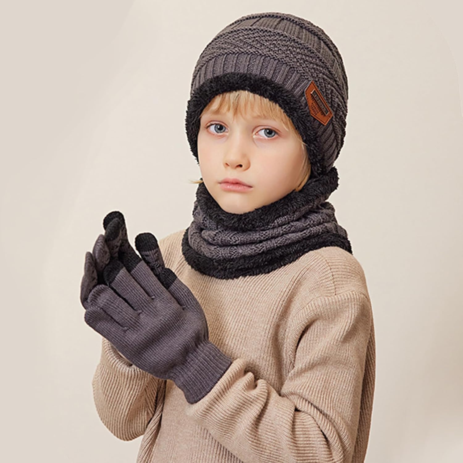 Kids Winter Hat Scarf Gloves Set, Warm Knit Beanie Cap Mitten Gloves Neck Scarves for 5-12 Years Old - Image 2