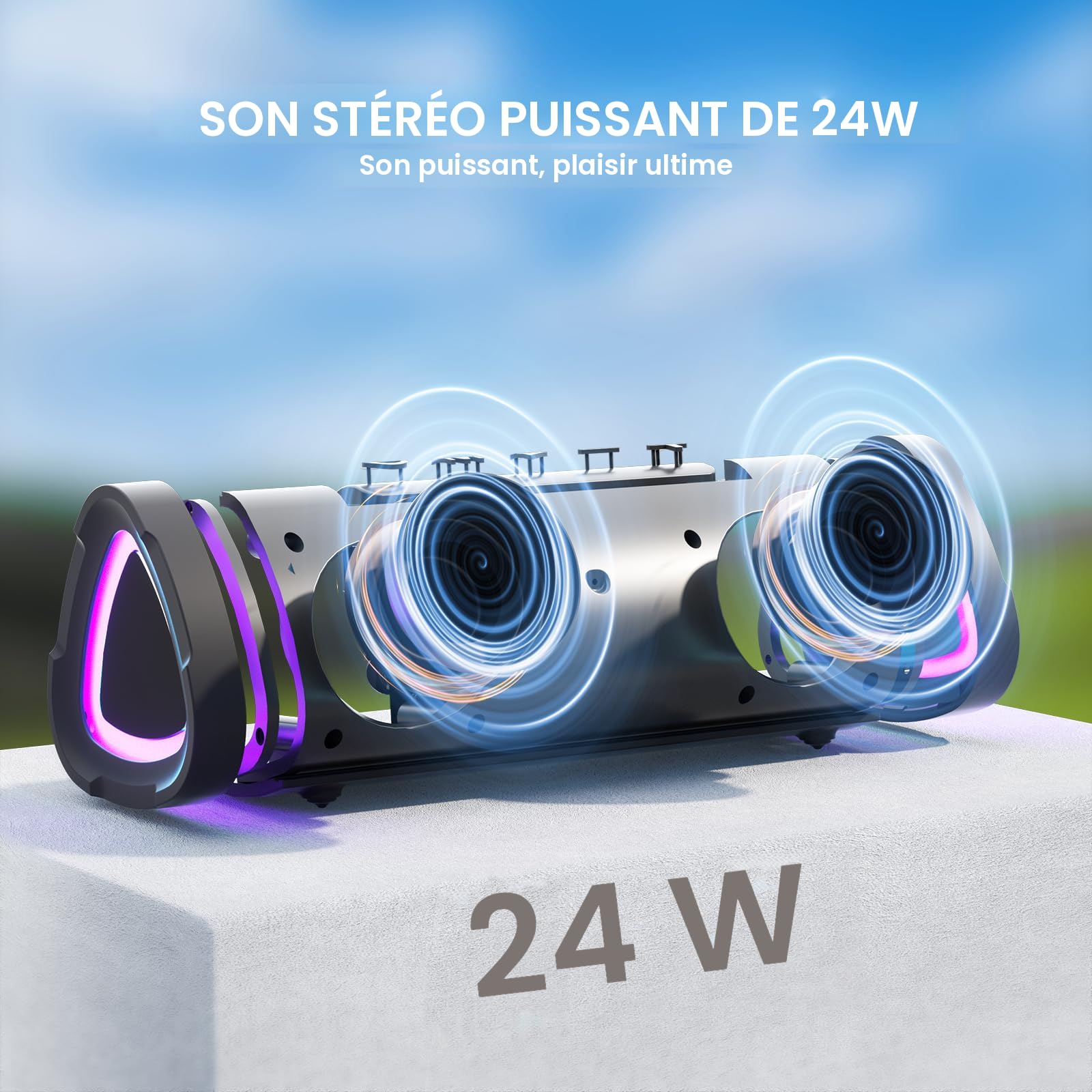 Enceinte Bluetooth Portable Vanzon V40 - 24W, IPX7 étanche, 24h Autonomie, Lumière LED - Voyage, Extérieur, Maison