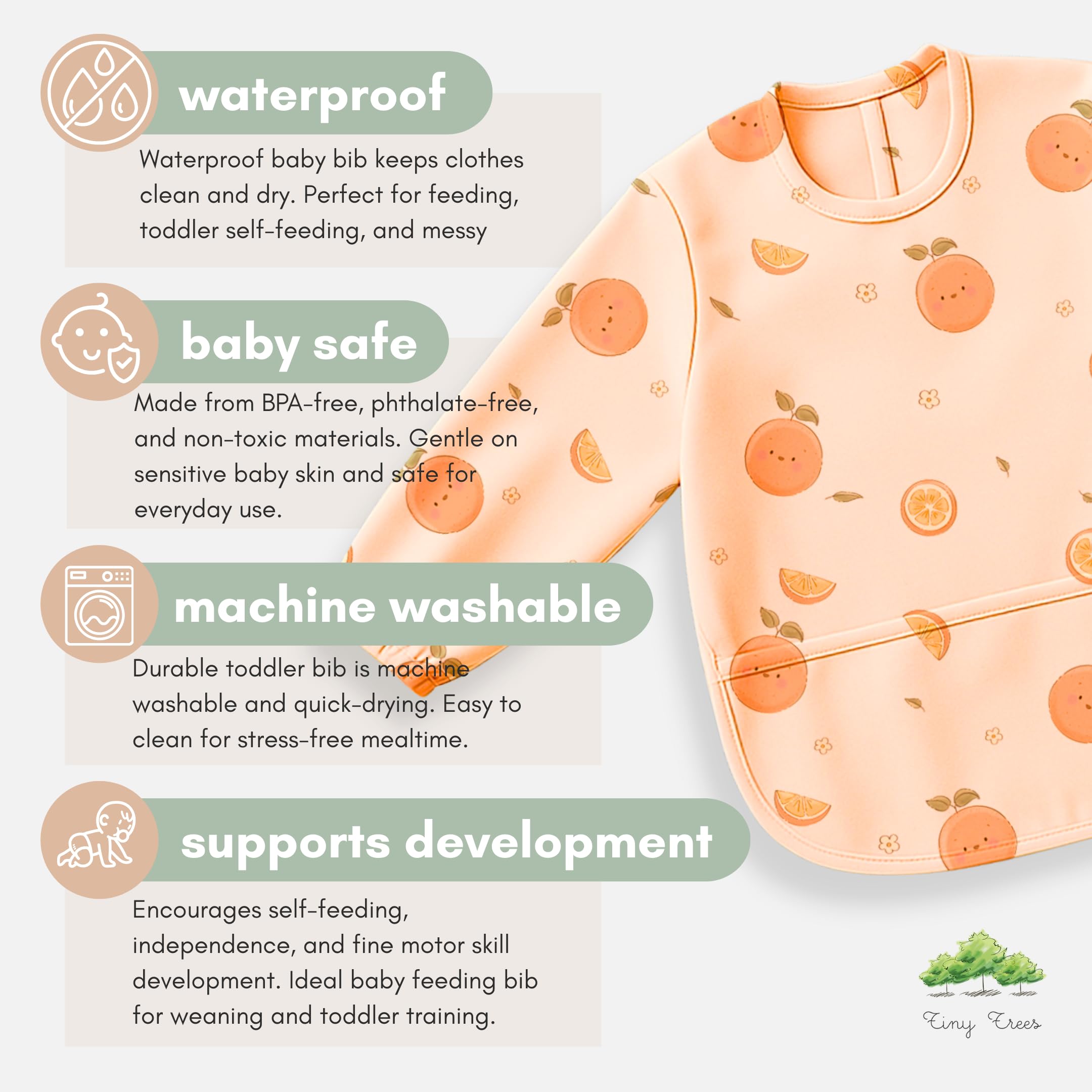 Tiny Trees® Long Sleeve Baby Bib, Coverall Waterproof Weaning Bib with Pocket, Babies & Toddlers 6-36 Months, Easy Wipe Clean - Image 3
