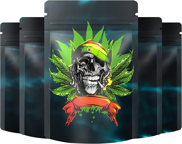 60 Pack Mylar Zip Lock Bags Food Storage Bags, 9.5 x 13.8cm Resealable Mylar Bags, Aluminum Foil Ziplock Storage Pouches for Candy, Spices, Tea (Leaf Skull)