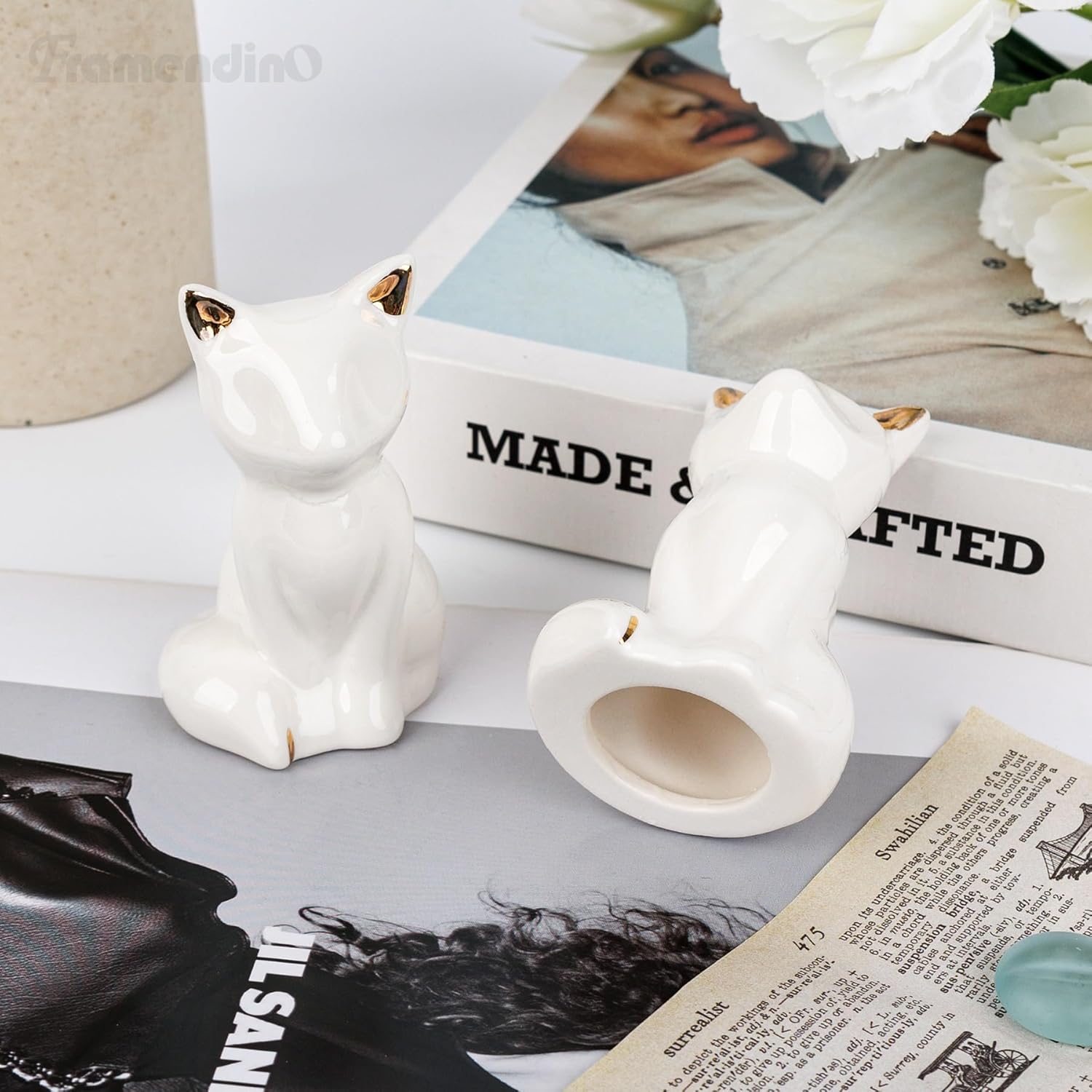 Framendino, 2 Pack Ceramic Toilet Bolt Caps Lovely Cat Decorative Bowl Covers White Cap