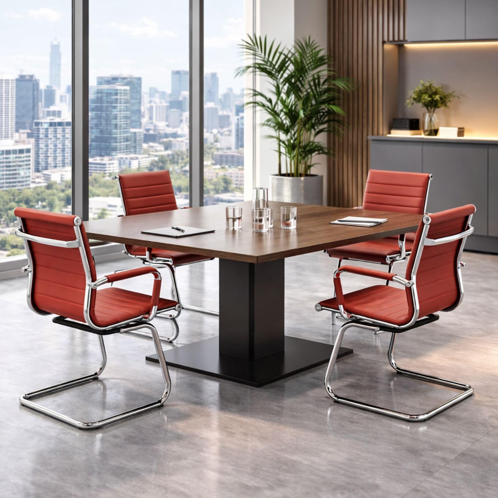 Office Desk Chair Set of 4,No Wheels PU Leather Computer Chairs Mid Back Guest Chairs with Seld Base for School/Reception/Conference/Waiting Room, Burgundy Red