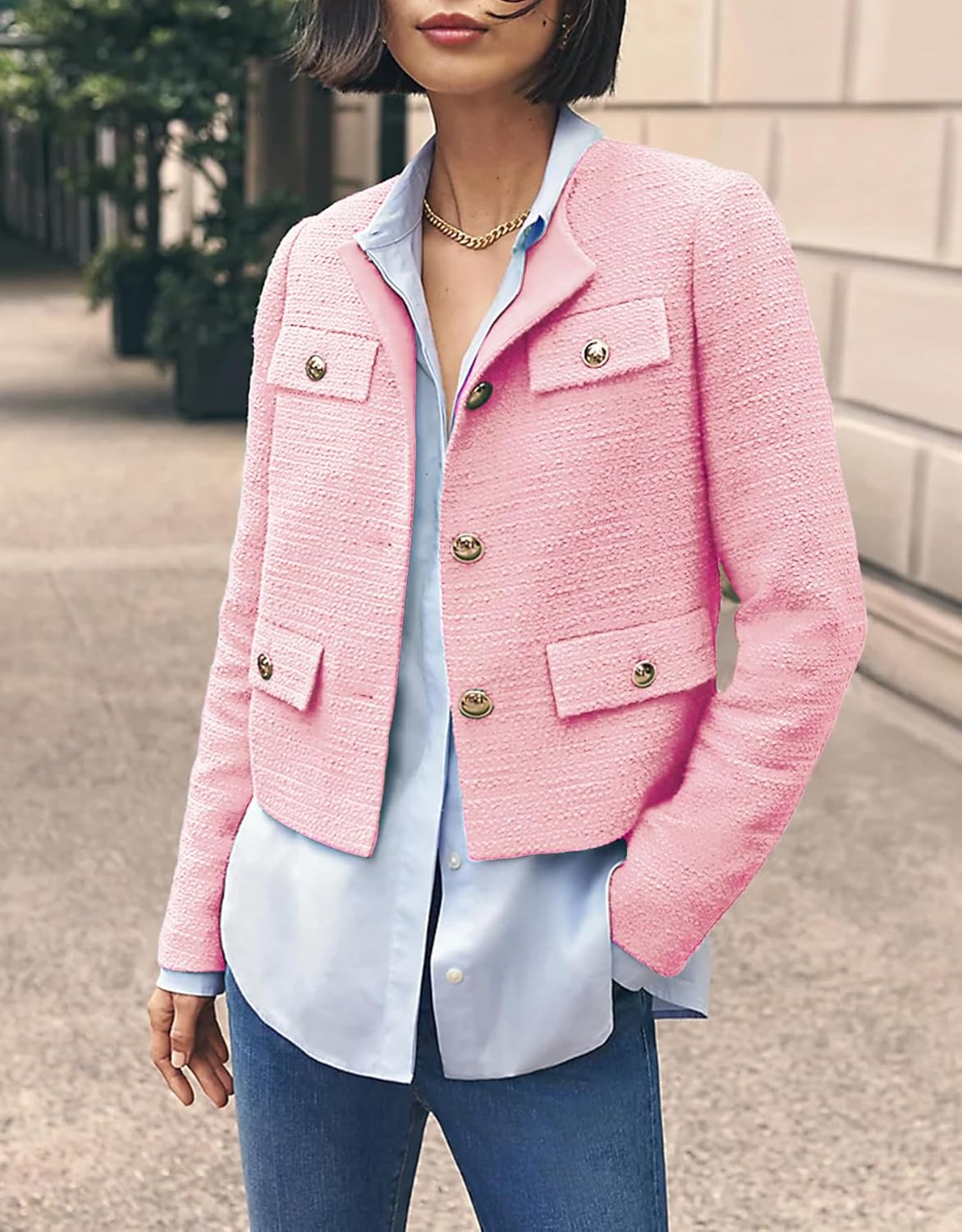 Cropped Tweed Blazer Jackets for Women Elegant Slim Collarless Business Casual Outfits - Image 4