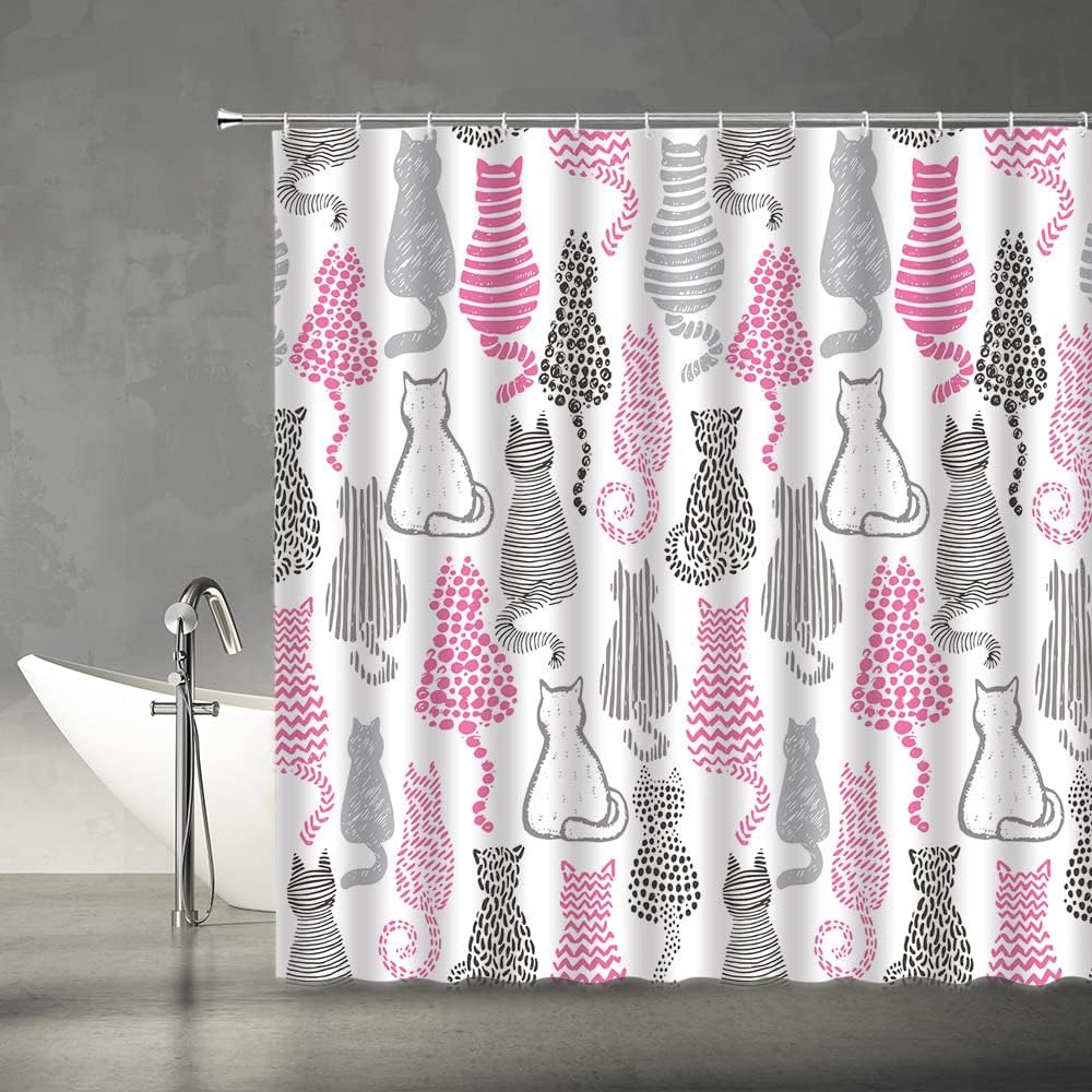 Cat Shower Curtain Cute Kitten Happy Kitty Funny Cartoon Animals Pattern Abstract Lovely Modern Fabric Bathroom Decor Set Include Hooks,(70" Wx91 H)