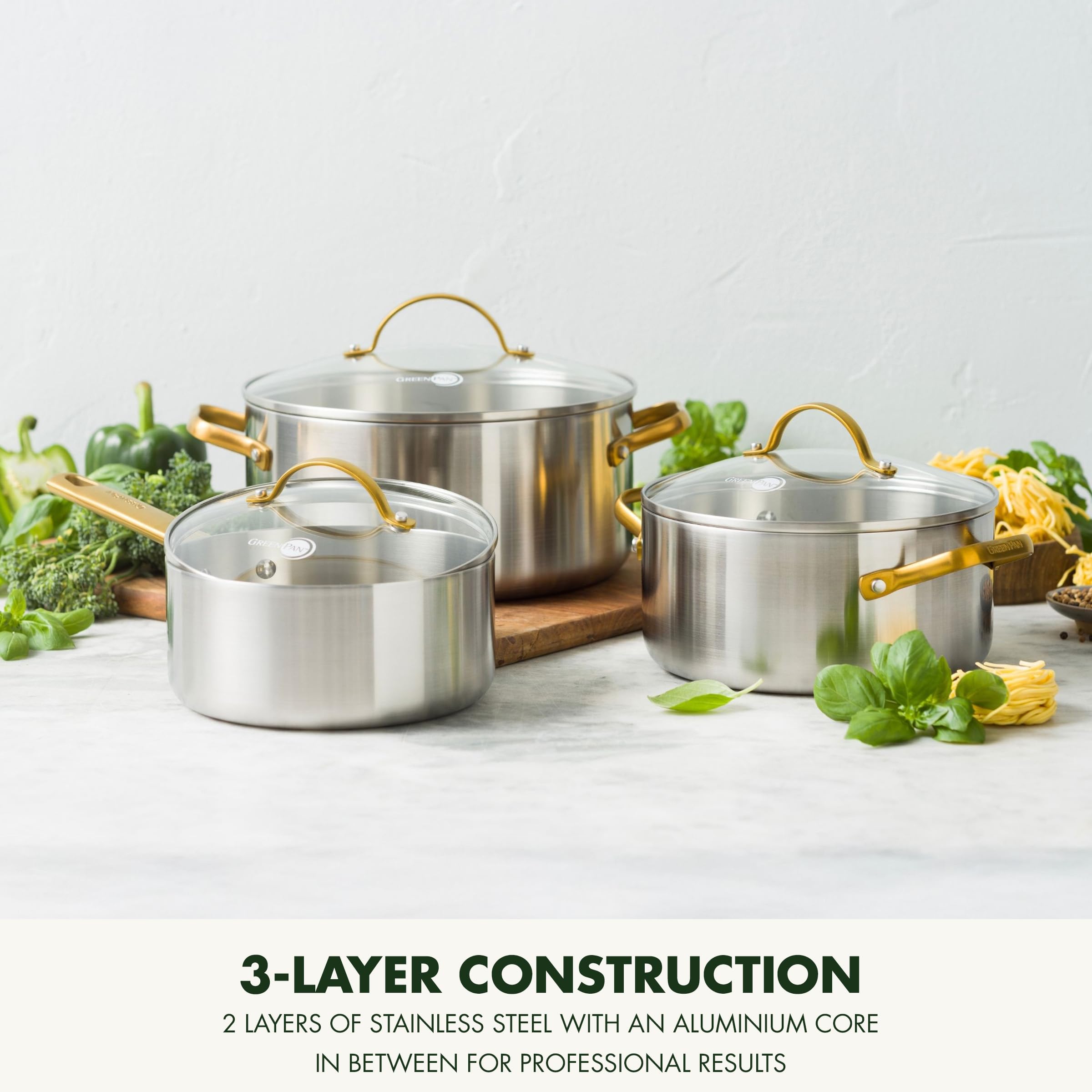 GreenPan Padova - Juego de 6 utensilios de cocina de acero inoxidable con tapa de cristal, ollas y olla sopera, 3 capas, apta para inducción, mango dorado de acero inoxidable, apto para horno hasta