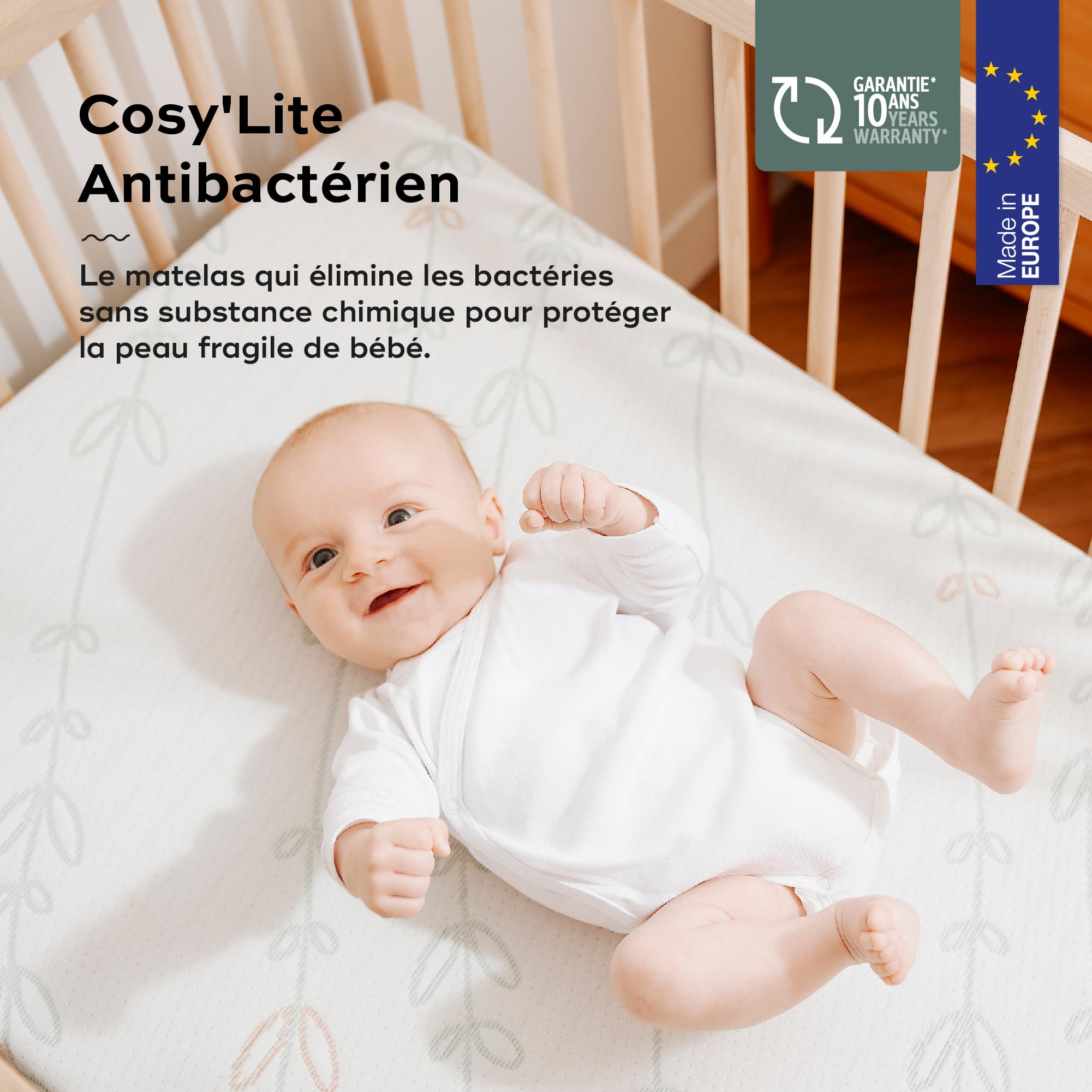 Babymoov Colchón antibacteriano Cosy'Lite de bebé 60x120 cm - sin tratamientos químicos - Espesor 10 cm - Fabricado en Portugal - Desenfundable - Con certificación Oeko-Tex®