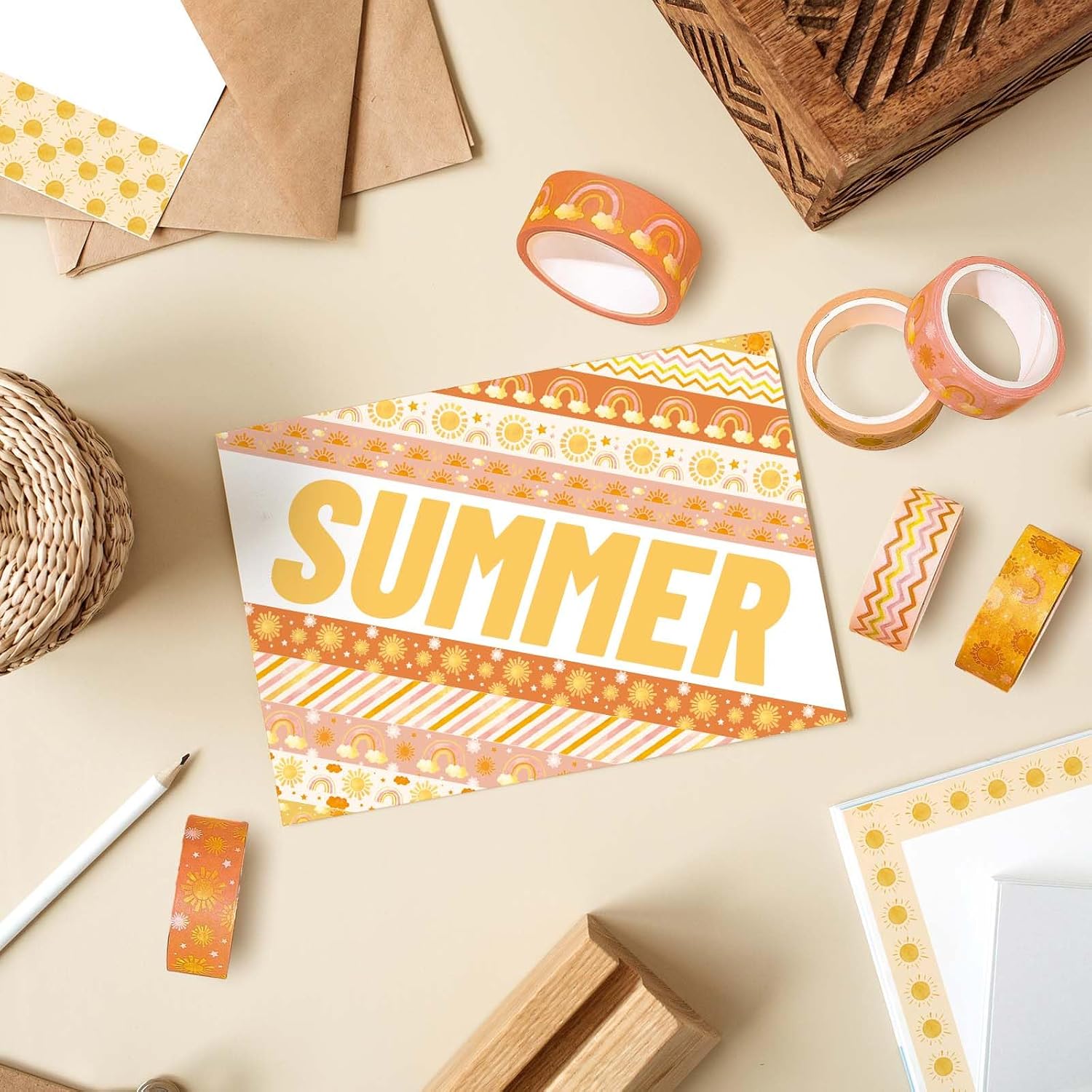 Whaline 12 Rolls Boho Sun Washi Tape Boho Hippie Rainbow Sunshine Masking Tape Assorted Decorative Paper Tapes for Scrapbook Journal DIY Art Craft Gift Wrapping Supplies