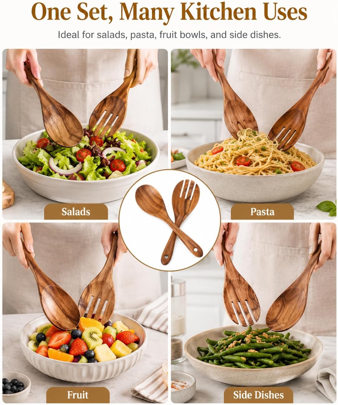 Wooden Salad Tongs, 10 Inch Natural Wood Salad Servers Set, Serving Spoons and Forks for Salad, Pasta, Cooking, Mixing, Tossing, Kitchen Utensils for Home and Party