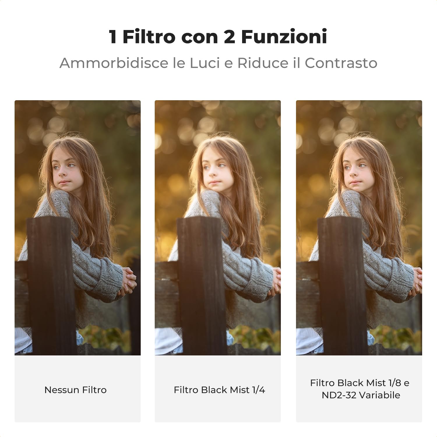 K&F CONCEPT 2 In 1 Filtro Black-Mist 1/8 & Variabile ND2-32 (5 Stop), 58mm Filtro Black Diffusion 1/8 & Densità Neutra ND in Vetro Ottico, Nano Rivestimento con 3Pcs Panno di Pulizia (Nano-K Serie)